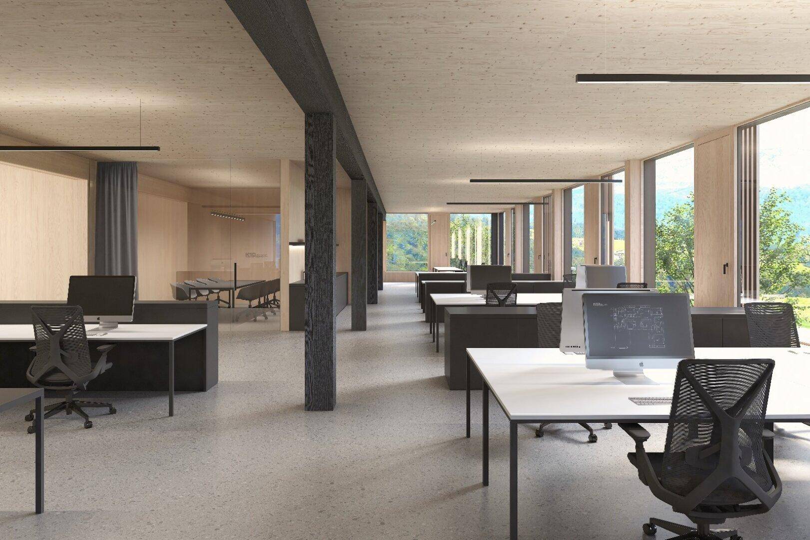 Moderner Großraumbüro mit ergonomischen Arbeitsplätzen, großen Fenstern und Blick ins Grüne.