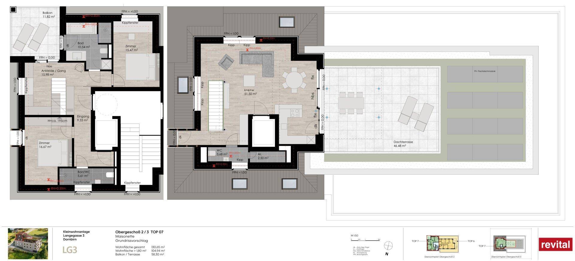 Grundriss der Maisonette-Wohnung Top 07 mit offenem Wohnbereich und großer Dachterrasse.
