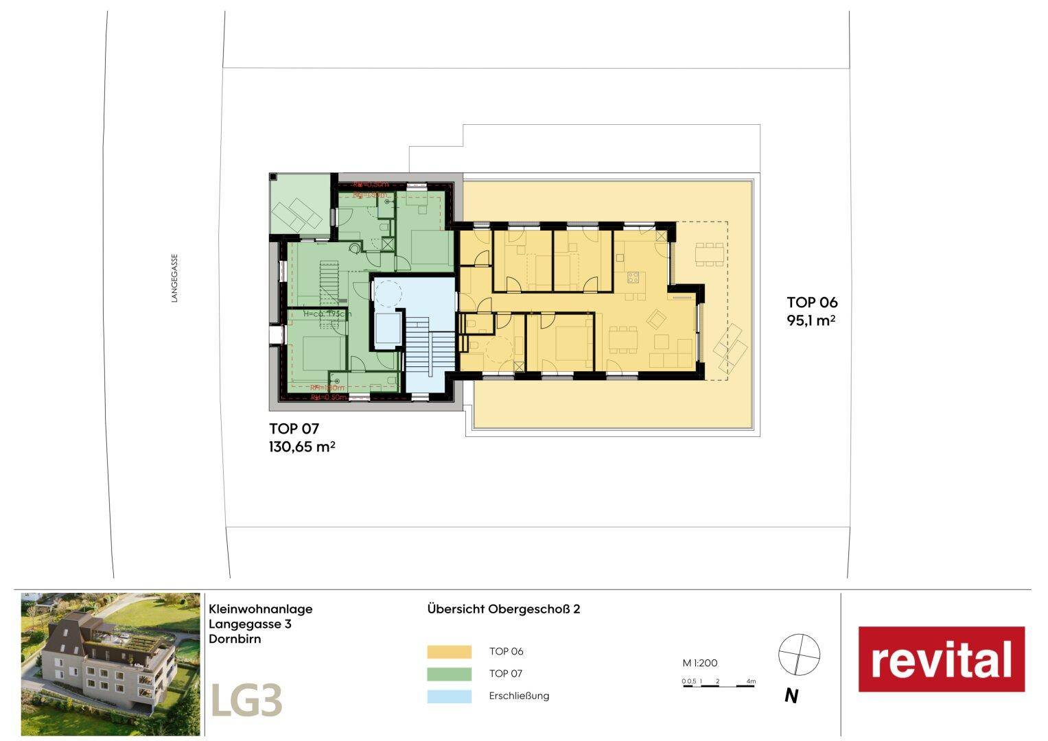 Grundriss des zweiten Obergeschosses mit zwei Wohneinheiten, darunter die Maisonette Top 07.