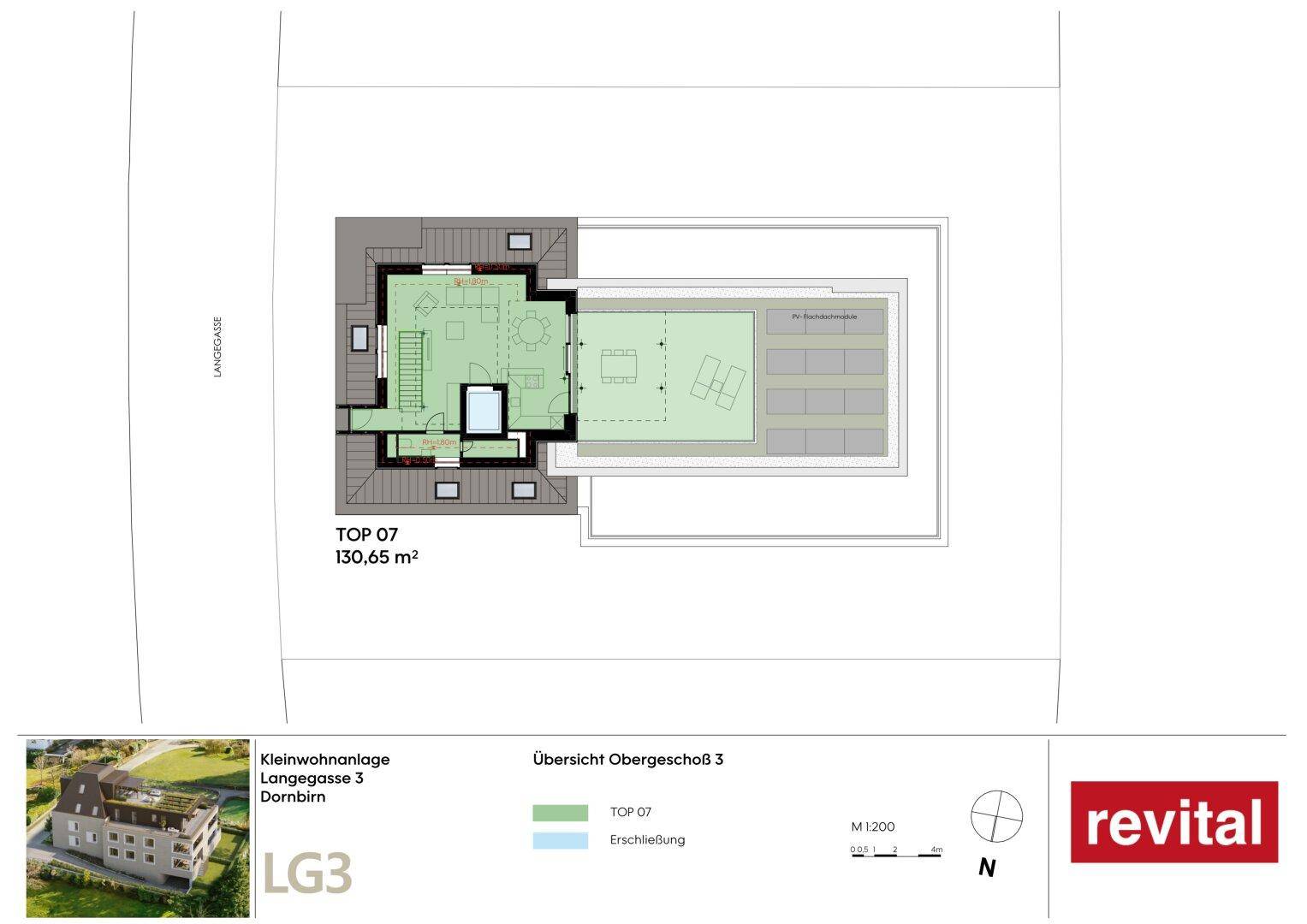 Grundriss des dritten Obergeschosses der Maisonette Top 07 mit großer Dachterrasse.