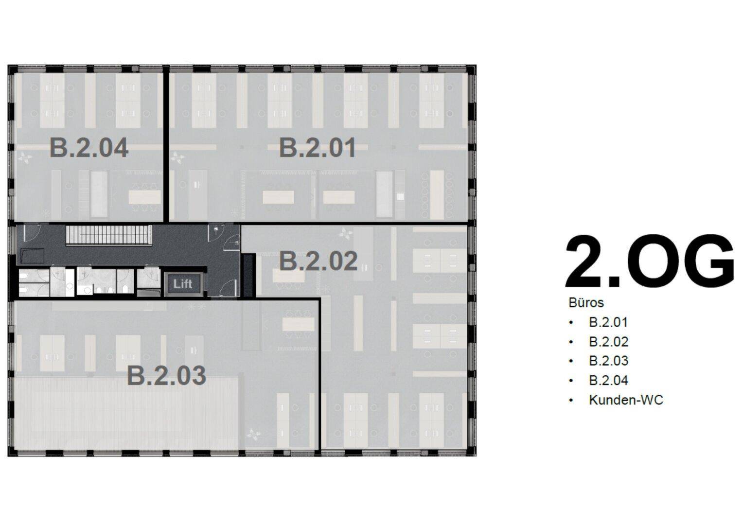 Grundriss des zweiten Obergeschosses mit vier Büroeinheiten, Treppenhaus und Aufzug.