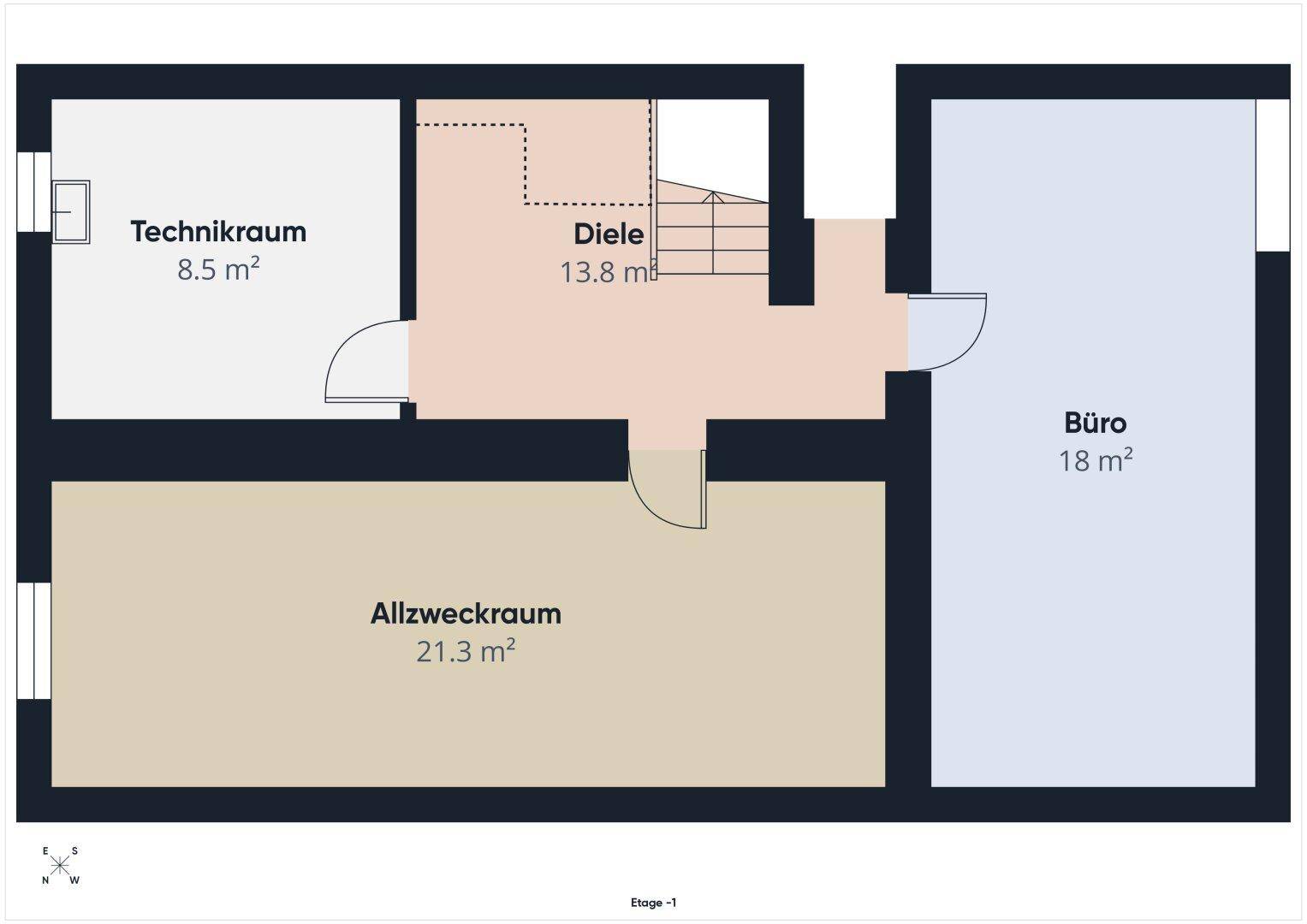 Grundriss des Untergeschosses mit Technikraum, Büro und Allzweckraum.