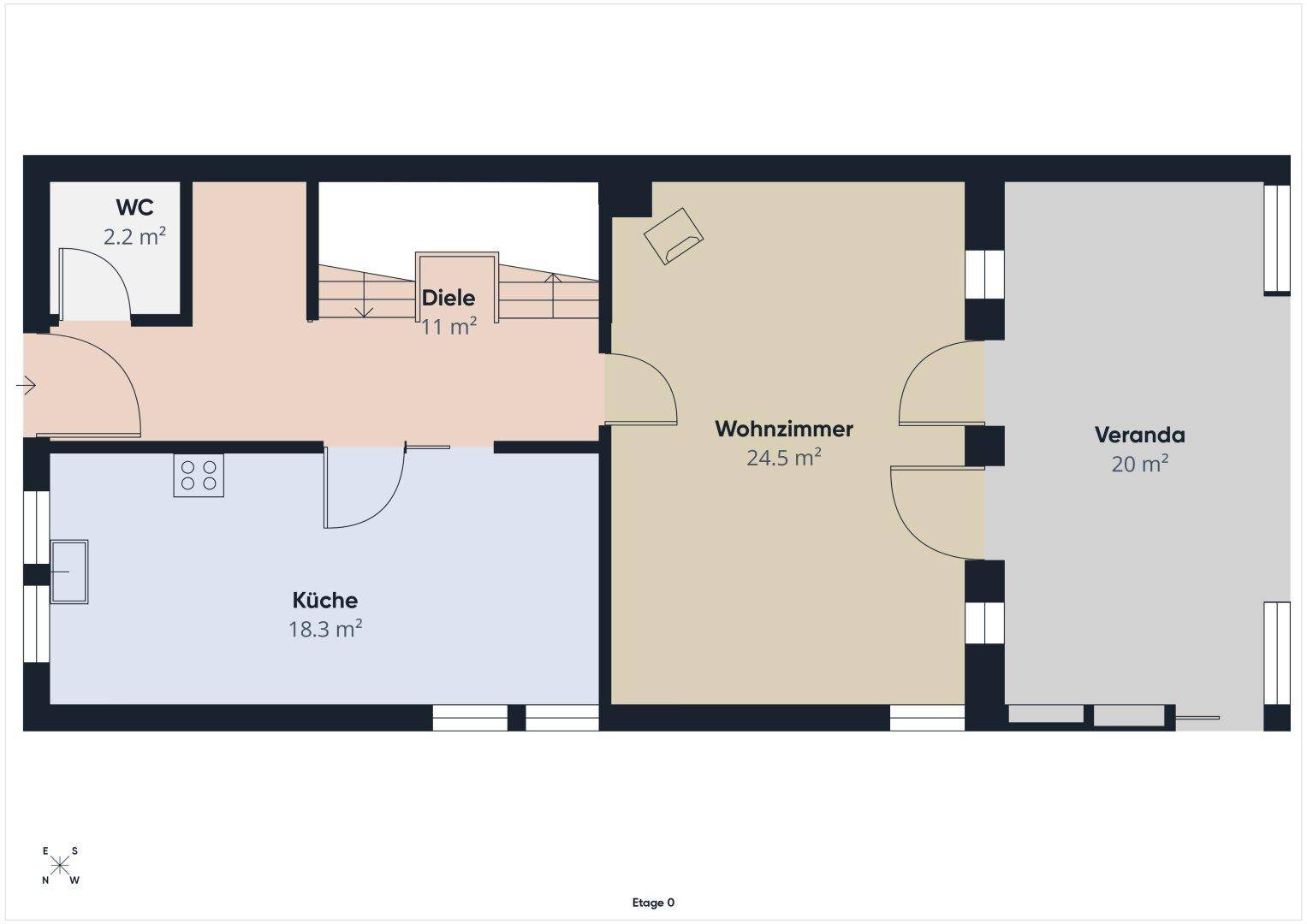 Grundriss des Erdgeschosses mit Küche, Wohnzimmer und Veranda.