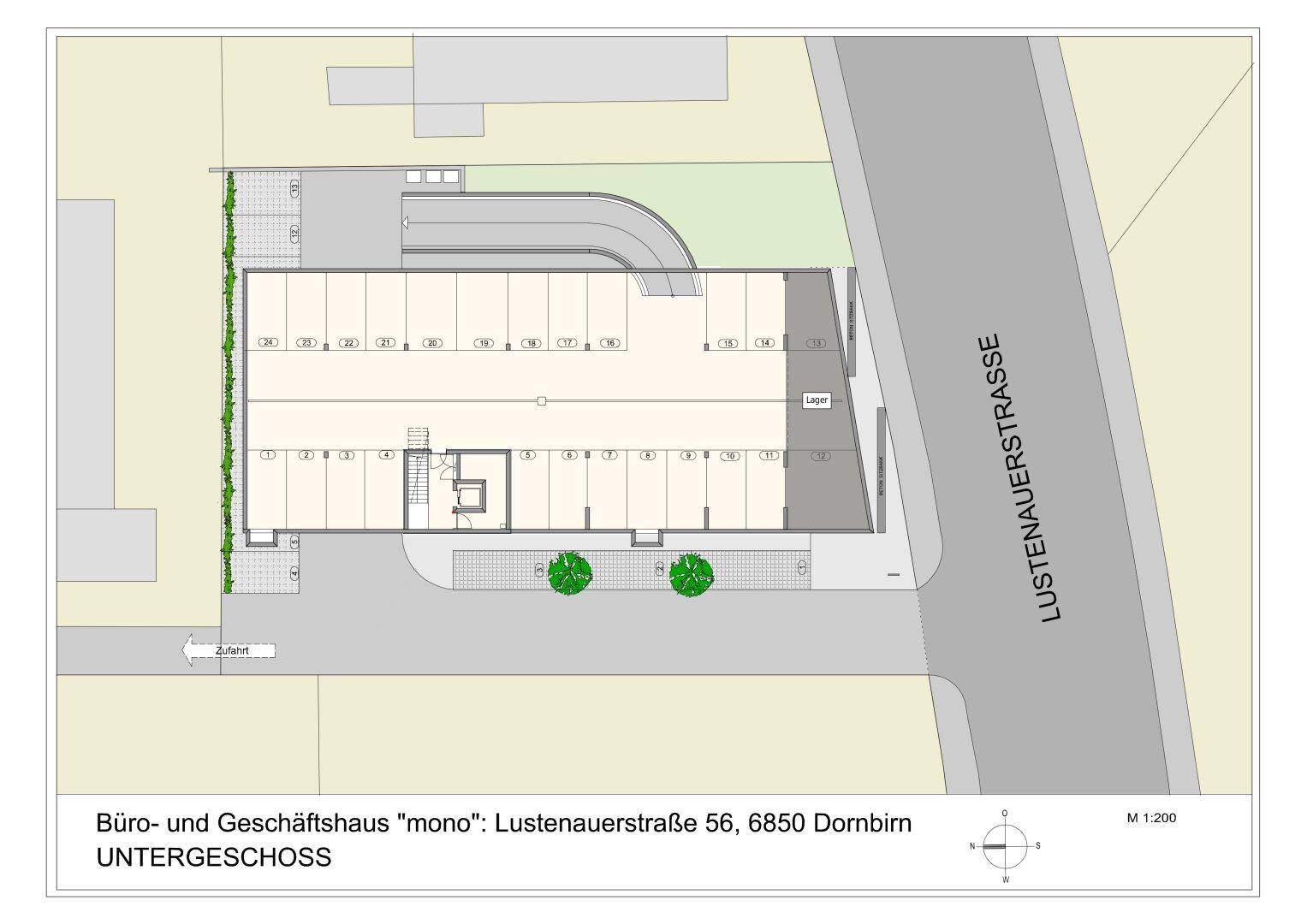Grundriss des Untergeschosses mit zahlreichen Tiefgaragenstellplätzen, Lagerbereichen und Zufahrtsrampe.
