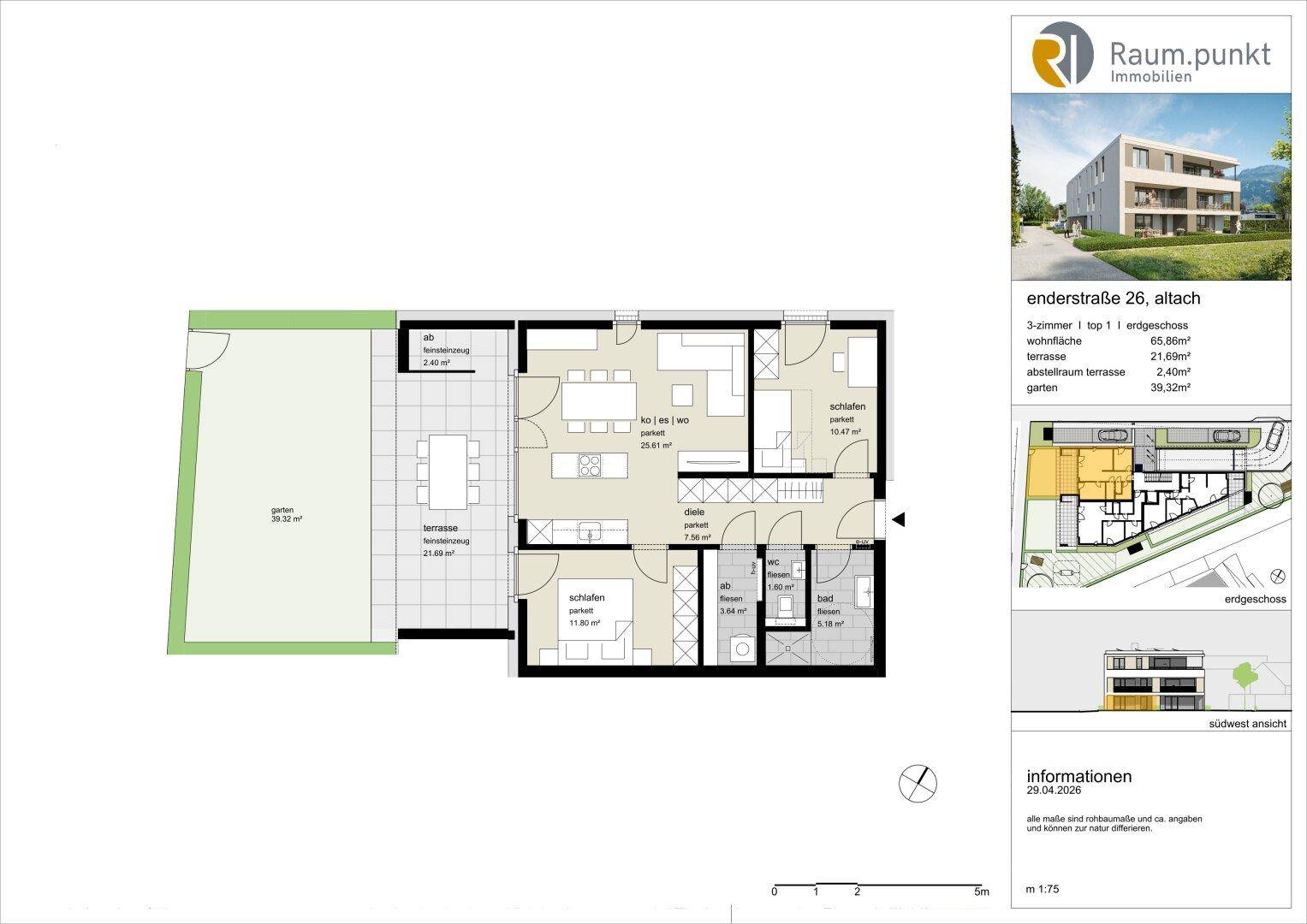 Grundriss einer Erdgeschosswohnung mit offener Wohnküche, Terrasse und Gartenanteil.