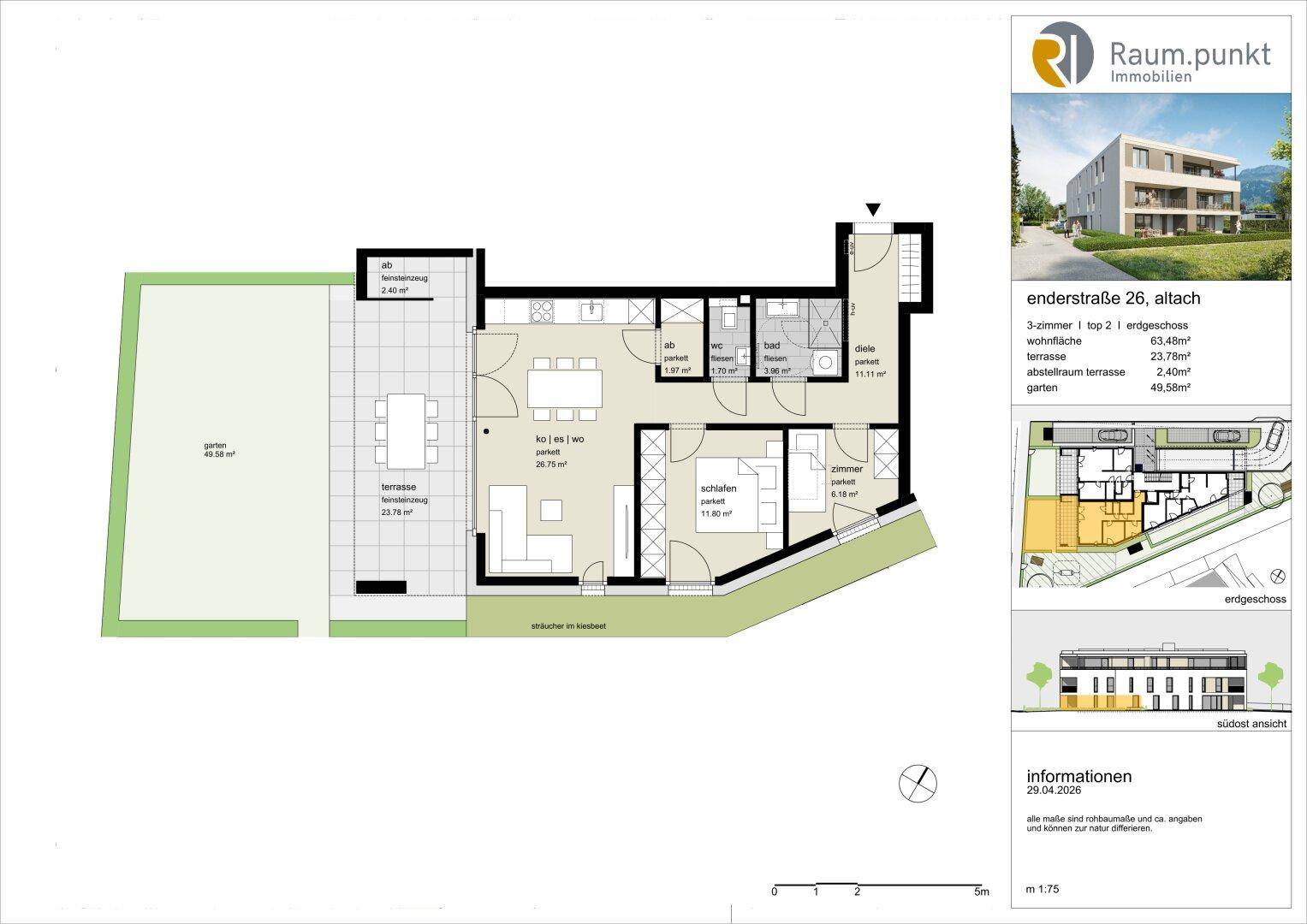 Grundriss einer Erdgeschosswohnung mit offener Wohnküche, Terrasse und privatem Gartenbereich.