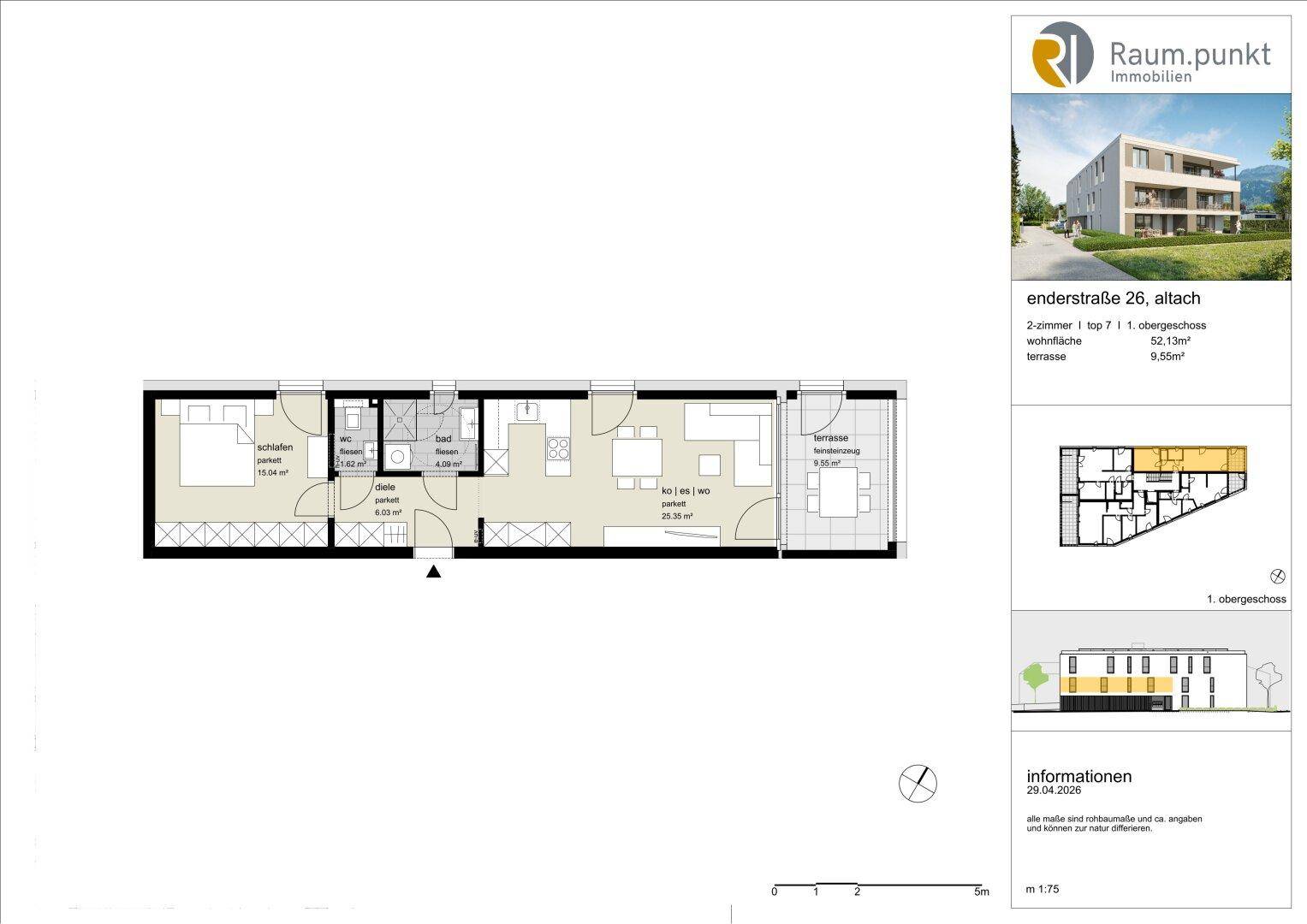 Grundriss einer 2-Zimmer-Wohnung im Obergeschoss mit offener Raumaufteilung und Terrasse.