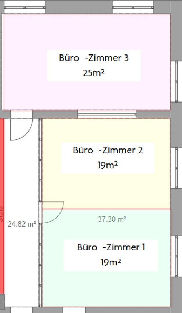 Übersichtlicher Grundriss mit drei Büroeinheiten und einem zentralen Flurbereich, ideal für gewerbliche Nutzung.