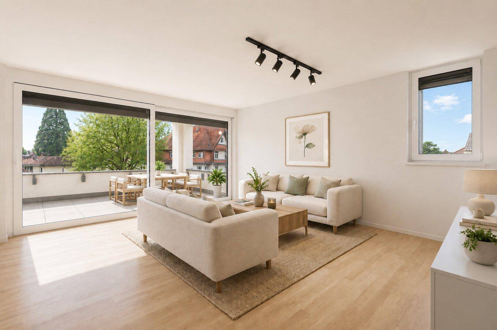 Helles Wohnzimmer mit Zugang zu einem großen Balkon und Blick ins Grüne.