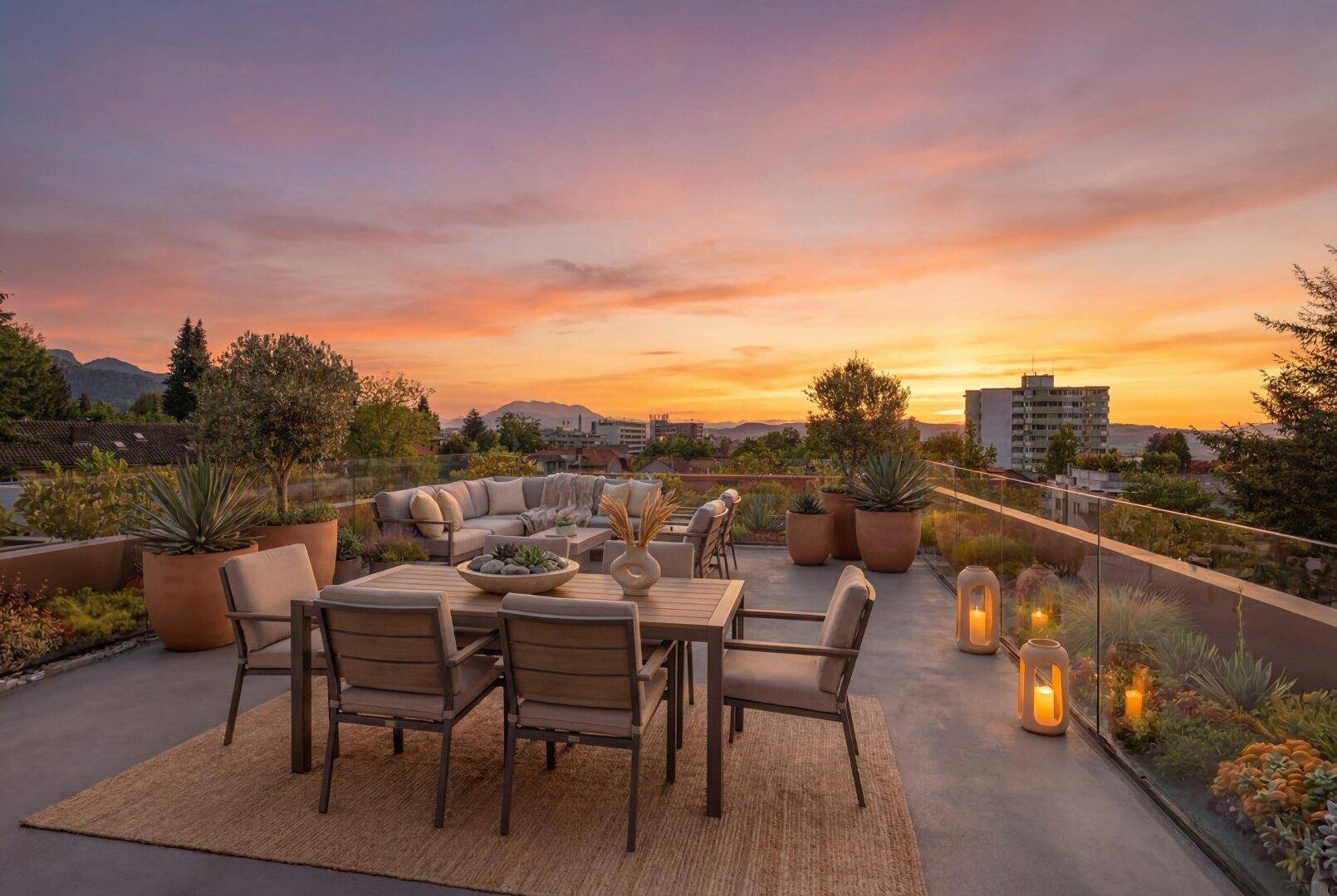 Große Dachterrasse mit stilvollen Gartenmöbeln und stimmungsvollem Sonnenuntergang.