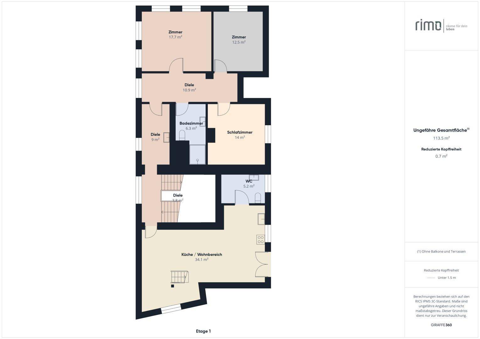 Grundriss der Etage 1 mit Küche, Wohnbereich, Schlafzimmer und Badezimmer.