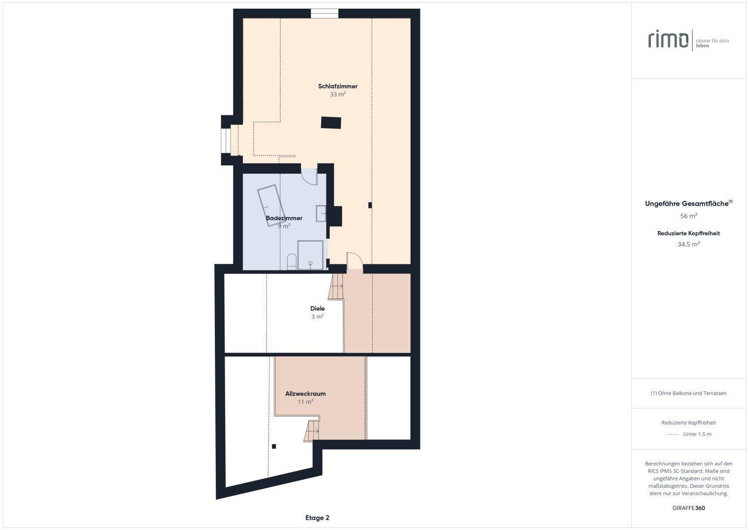 Grundriss der Etage 2 mit Schlafzimmer, Badezimmer und Abstellraum.