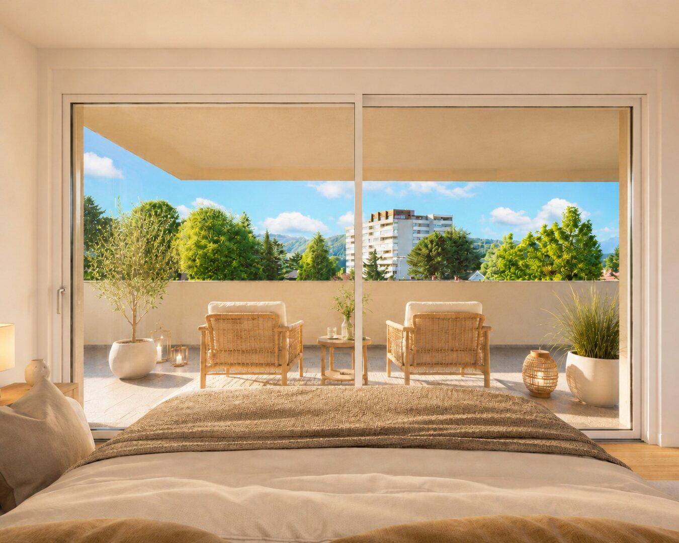 Gemütliches Schlafzimmer mit direktem Zugang zu einer großen Terrasse und weitem Blick.