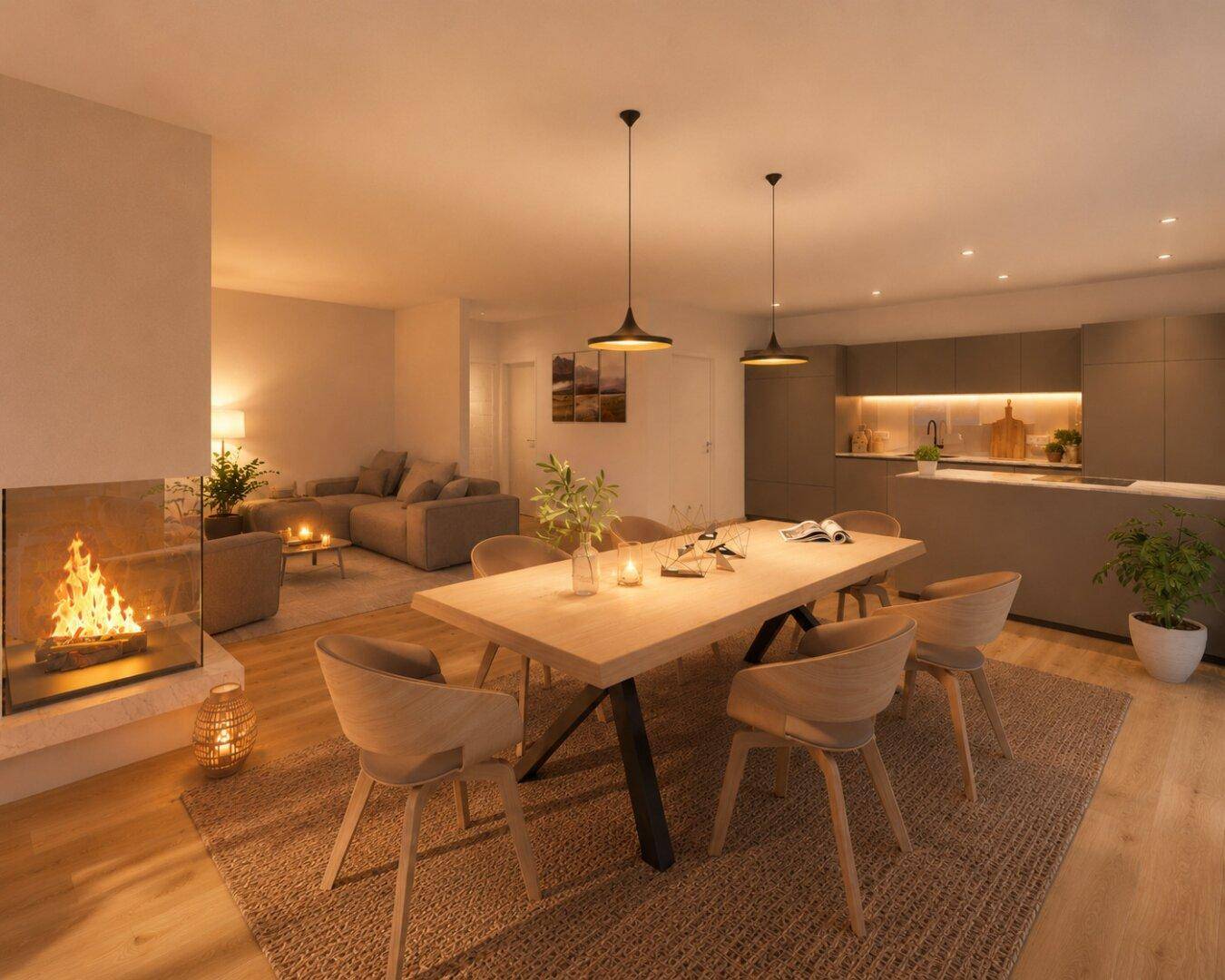 Moderner Wohn-Essbereich mit offener Küche und elegantem Kamin für gemütliche Abende.