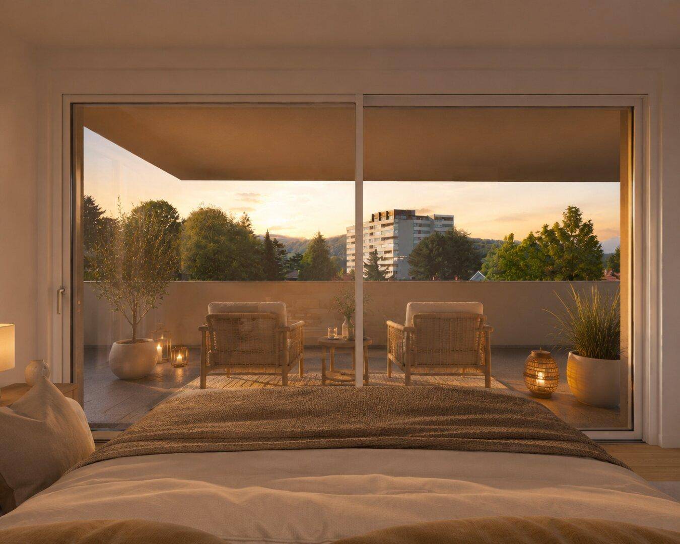 Helles Schlafzimmer mit Zugang zu einem möblierten Balkon und weitem Blick auf die Landschaft bei Sonnenuntergang.
