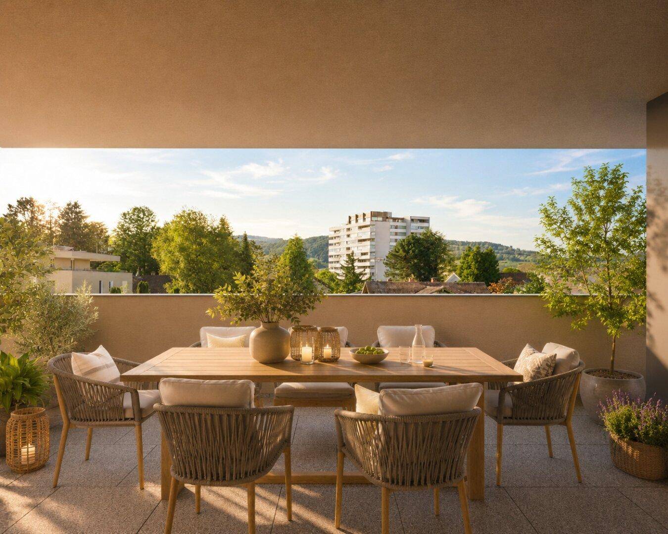 Gemütlicher Essbereich im Freien auf der Terrasse mit Blick auf die Stadt und viel Grün.