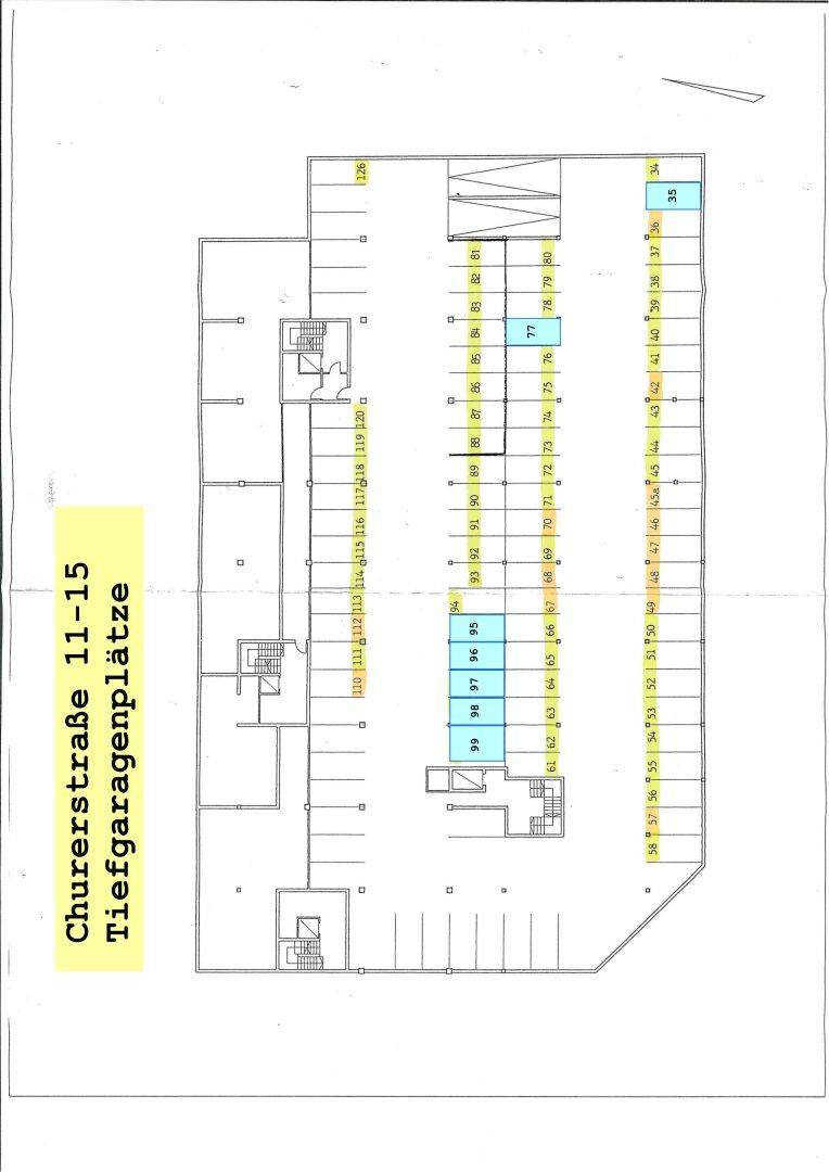 Grundrissplan einer Tiefgarage mit nummerierten Stellplätzen und Zufahrtswegen.