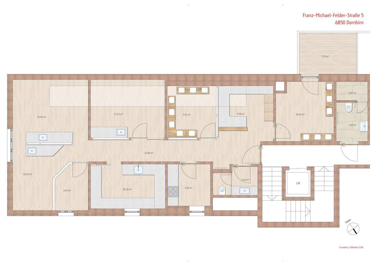 Detaillierter Grundriss mit verschiedenen Räumen, Lift und Terrasse.