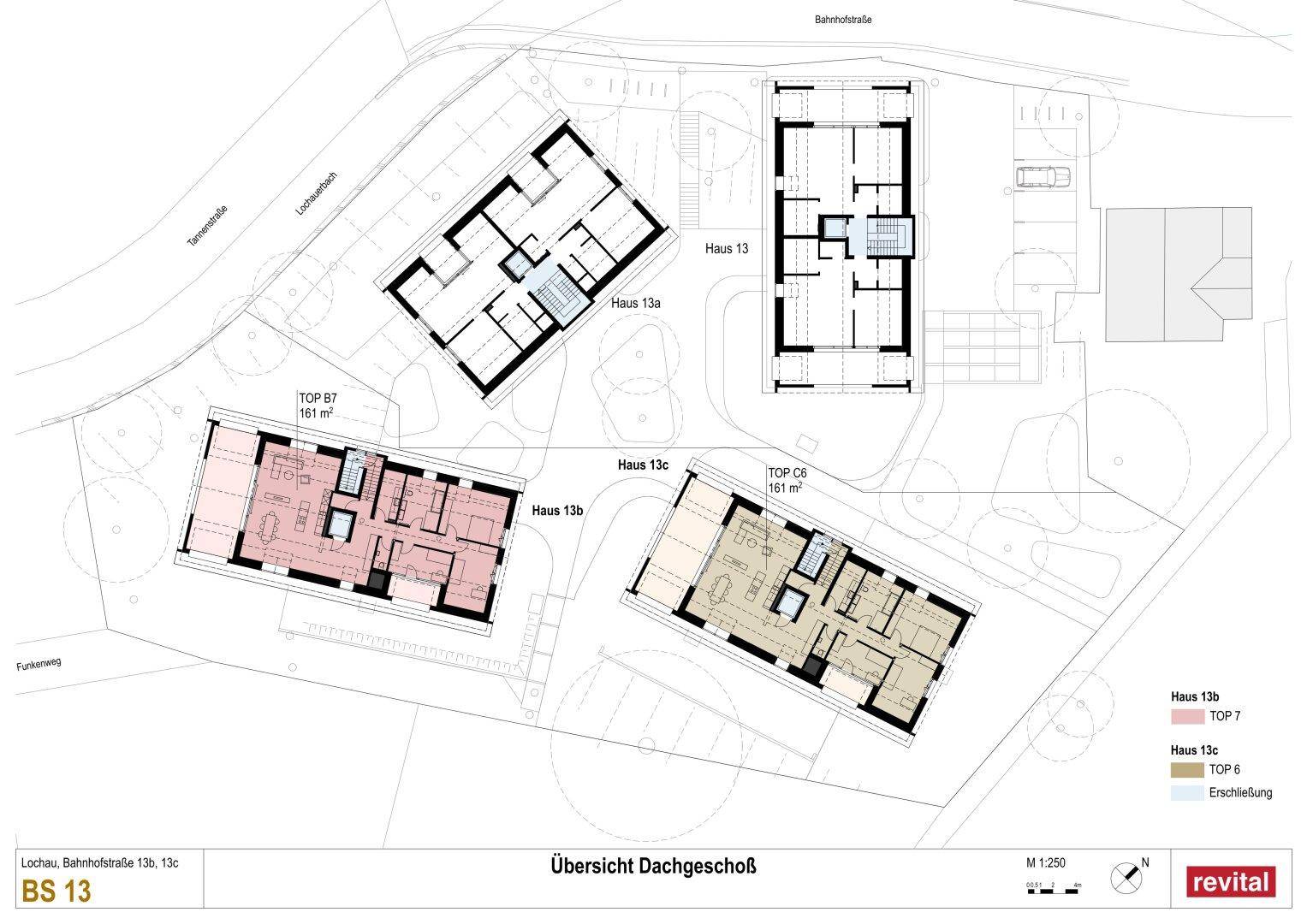 Übersichtsplan des Dachgeschosses mit mehreren Wohneinheiten und deren Grundrissen, inklusive Loggien.