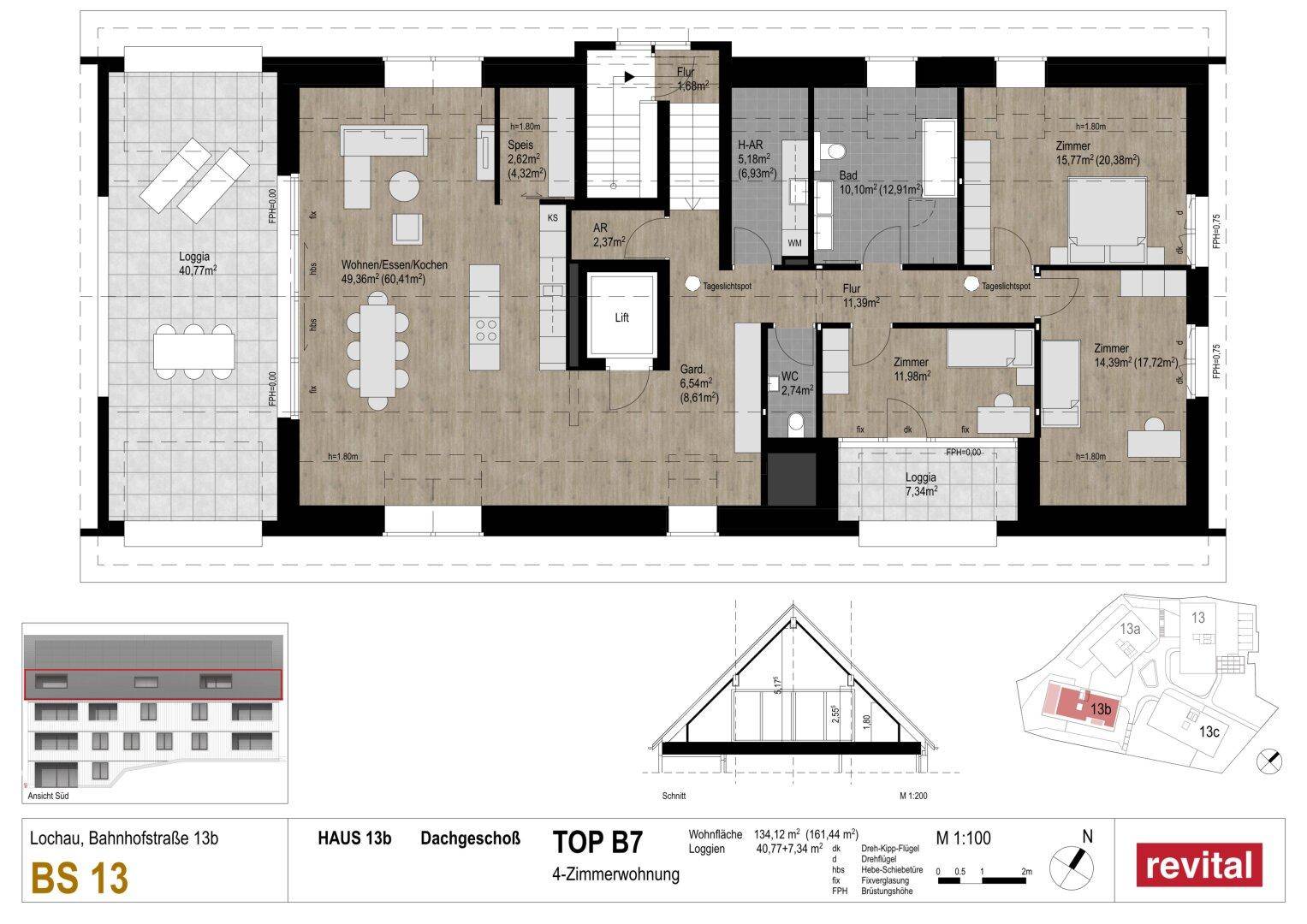 Detaillierter Grundriss einer 4-Zimmer-Dachgeschosswohnung mit Loggia, offenem Wohnbereich und Aufzug.