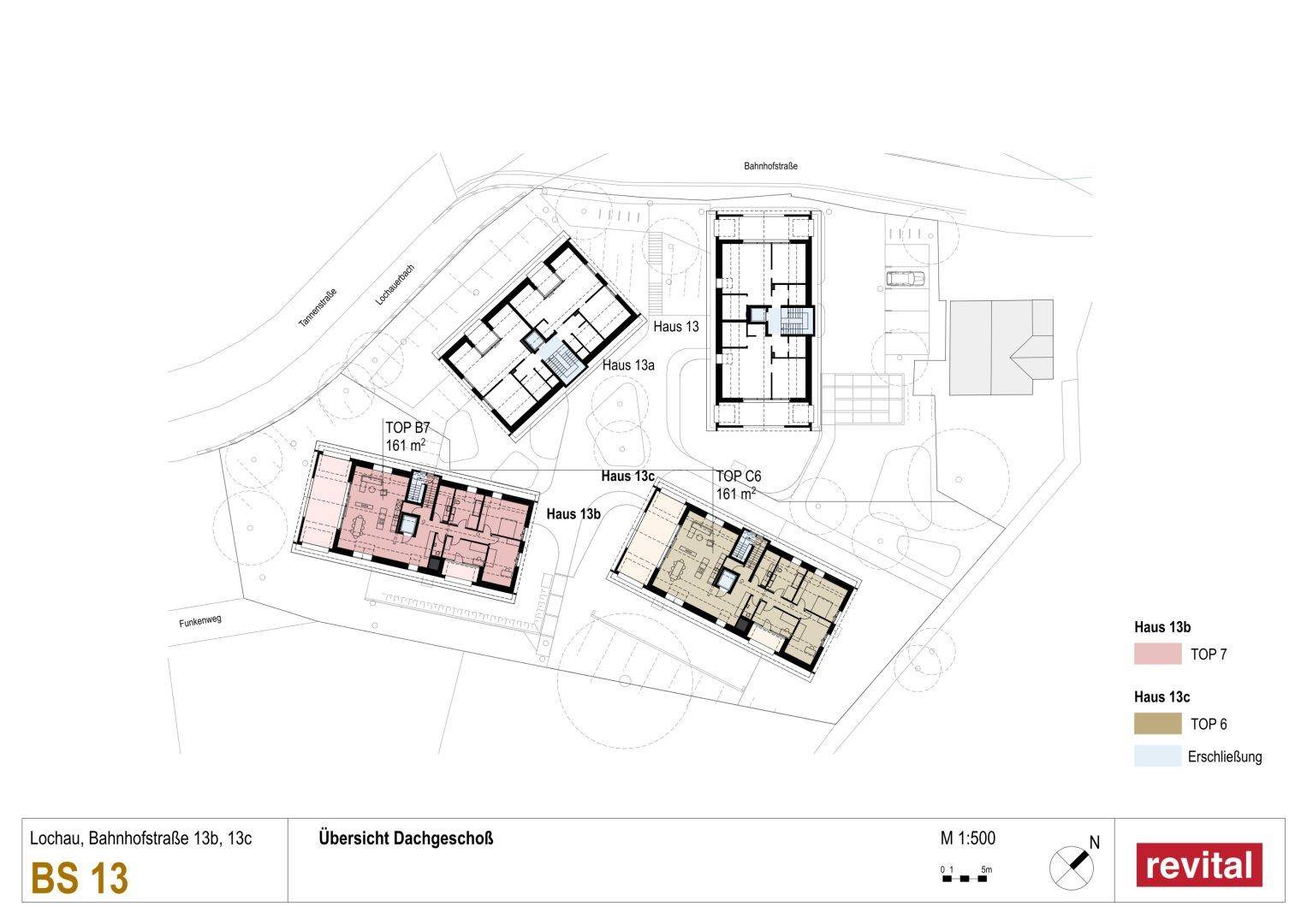Übersichtsplan der Dachgeschoss-Grundrisse von drei Gebäuden mit Loggien und offenem Wohnbereich.
