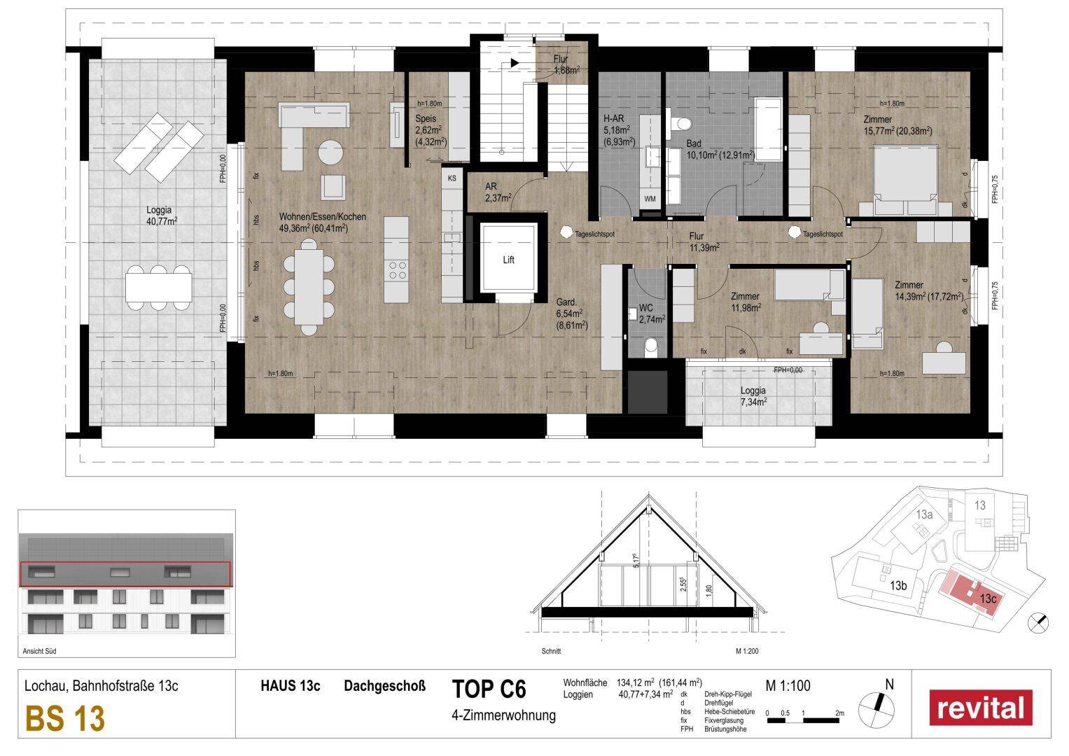 Detaillierter Grundriss einer 4-Zimmer-Wohnung im Dachgeschoss mit offener Wohnküche und Loggia.