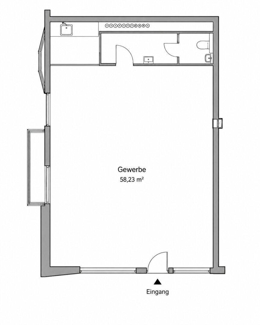 Grundriss einer Gewerbefläche von 58,23 m² mit Eingangsbereich und separatem WC.