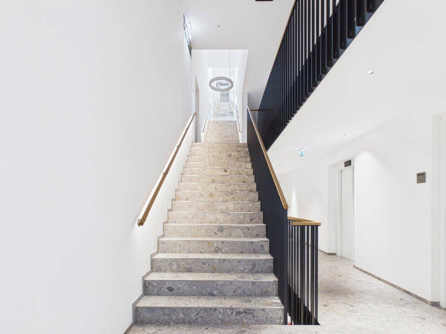Helles Treppenhaus mit Steinstufen, modernem Geländer und sichtbarem Aufzug in einem Neubau.