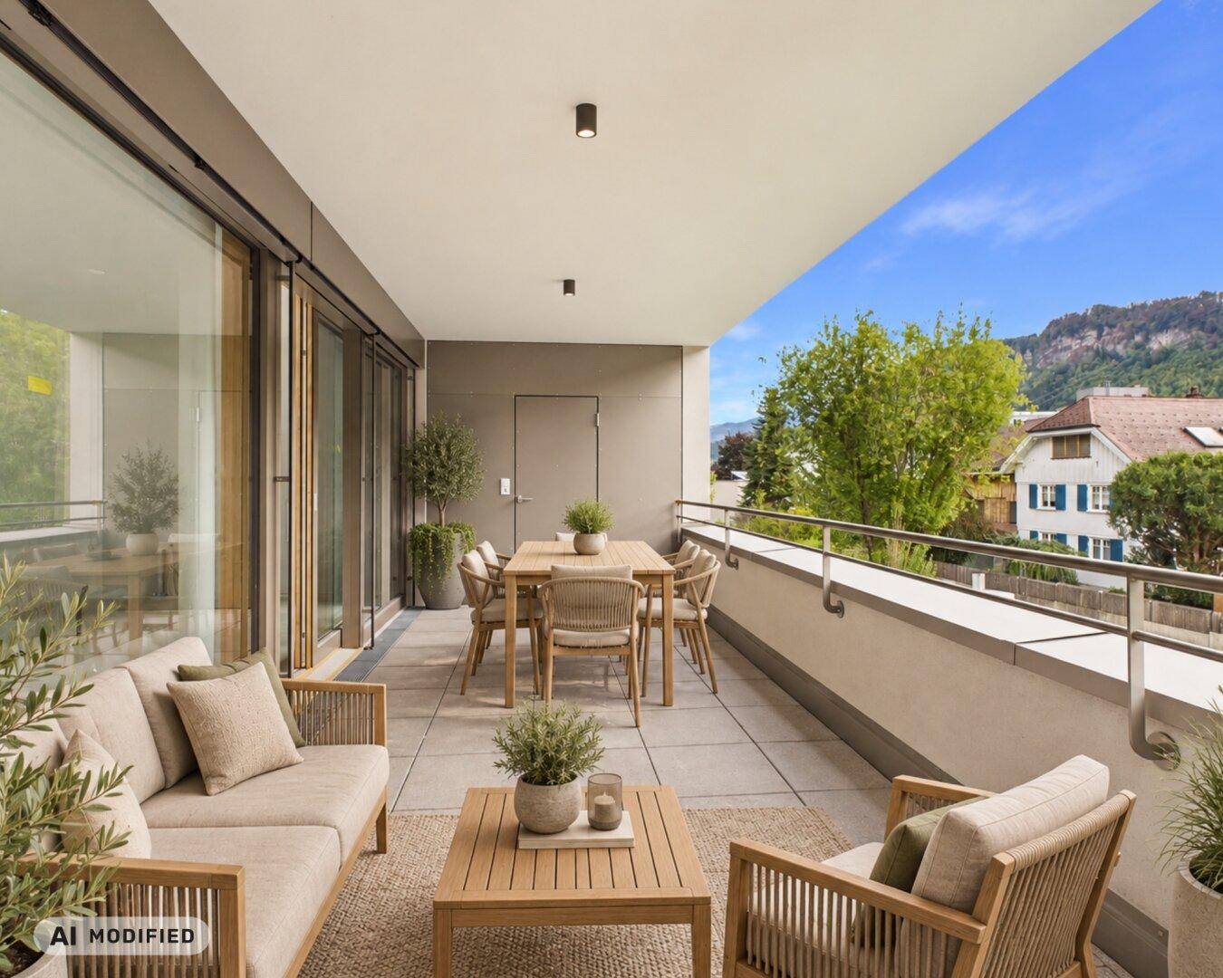Große, modern eingerichtete Terrasse mit Essbereich, Lounge-Möbeln und Bergblick.