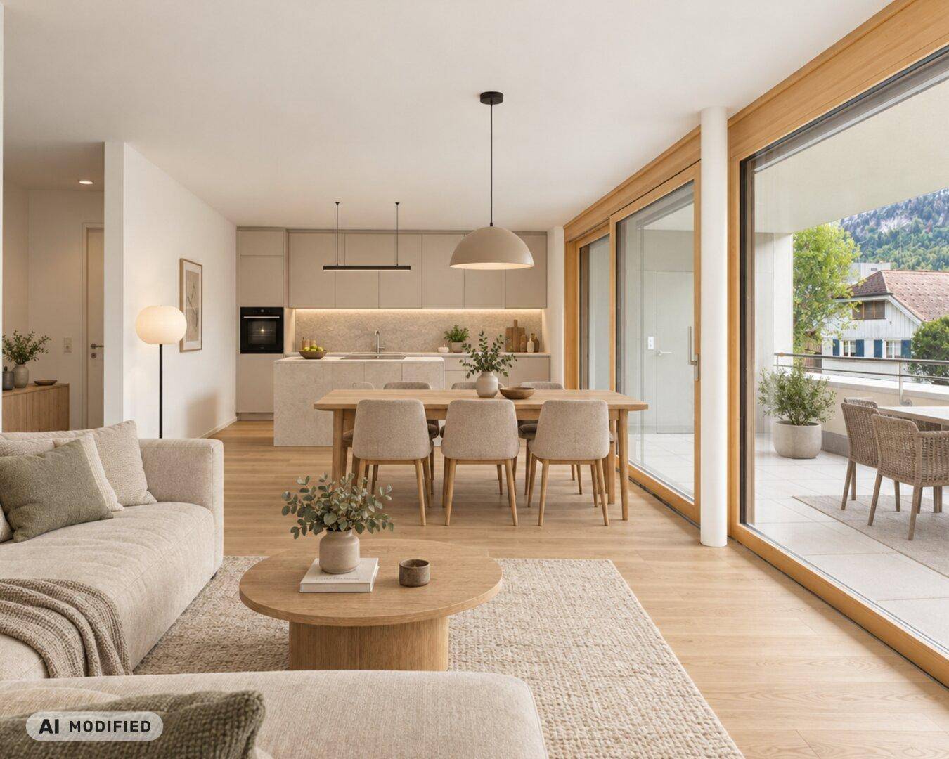 Heller, offener Wohn-Essbereich mit moderner Küche, Holzboden und Zugang zur Terrasse.