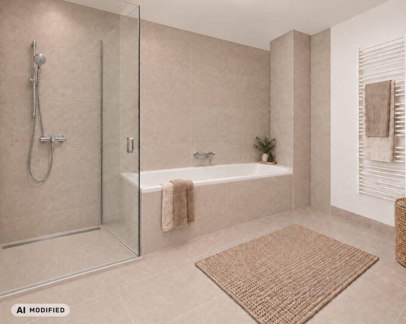 Modernes Badezimmer mit beigefarbenen Fliesen, ebenerdiger Dusche und Badewanne.