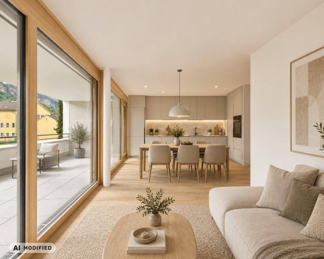 Heller, offener Wohn-Essbereich mit moderner Küche, Holzboden und Zugang zu einem großen Balkon mit Bergblick.
