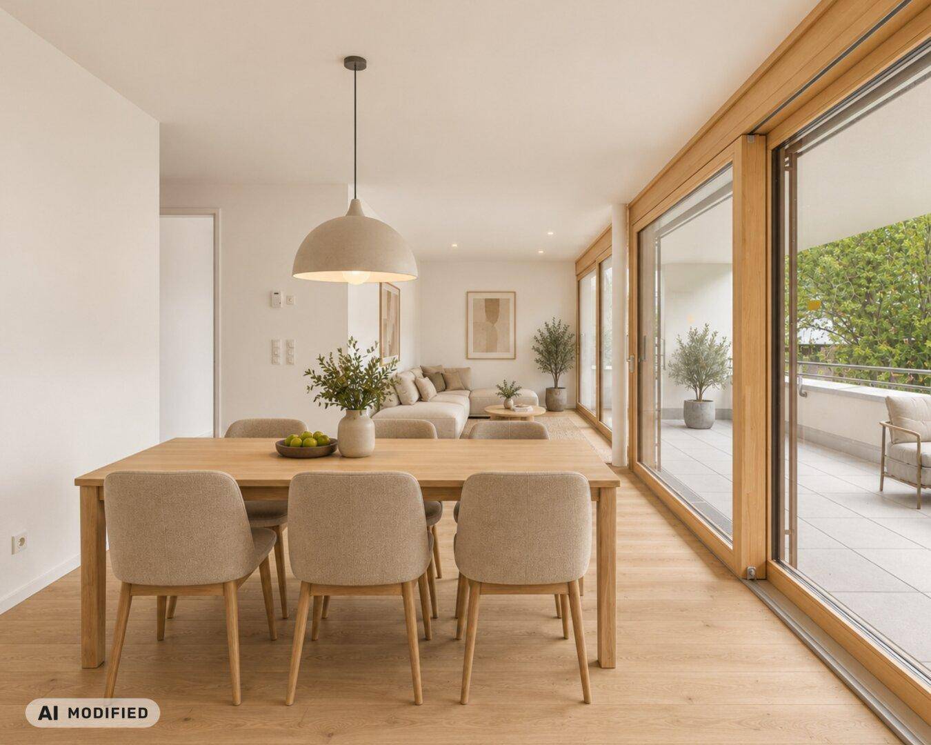Moderner Essbereich mit Holztisch und Stühlen, großen Fenstern und Zugang zu einem sonnigen Balkon.