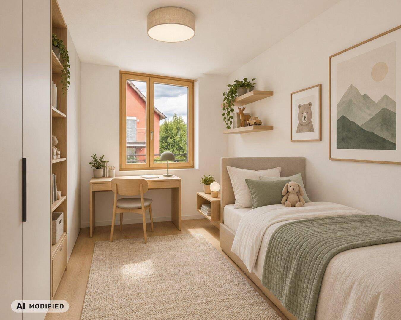 Helles Kinder- oder Gästezimmer mit Einzelbett, Schreibtisch und Fensterblick ins Grüne.