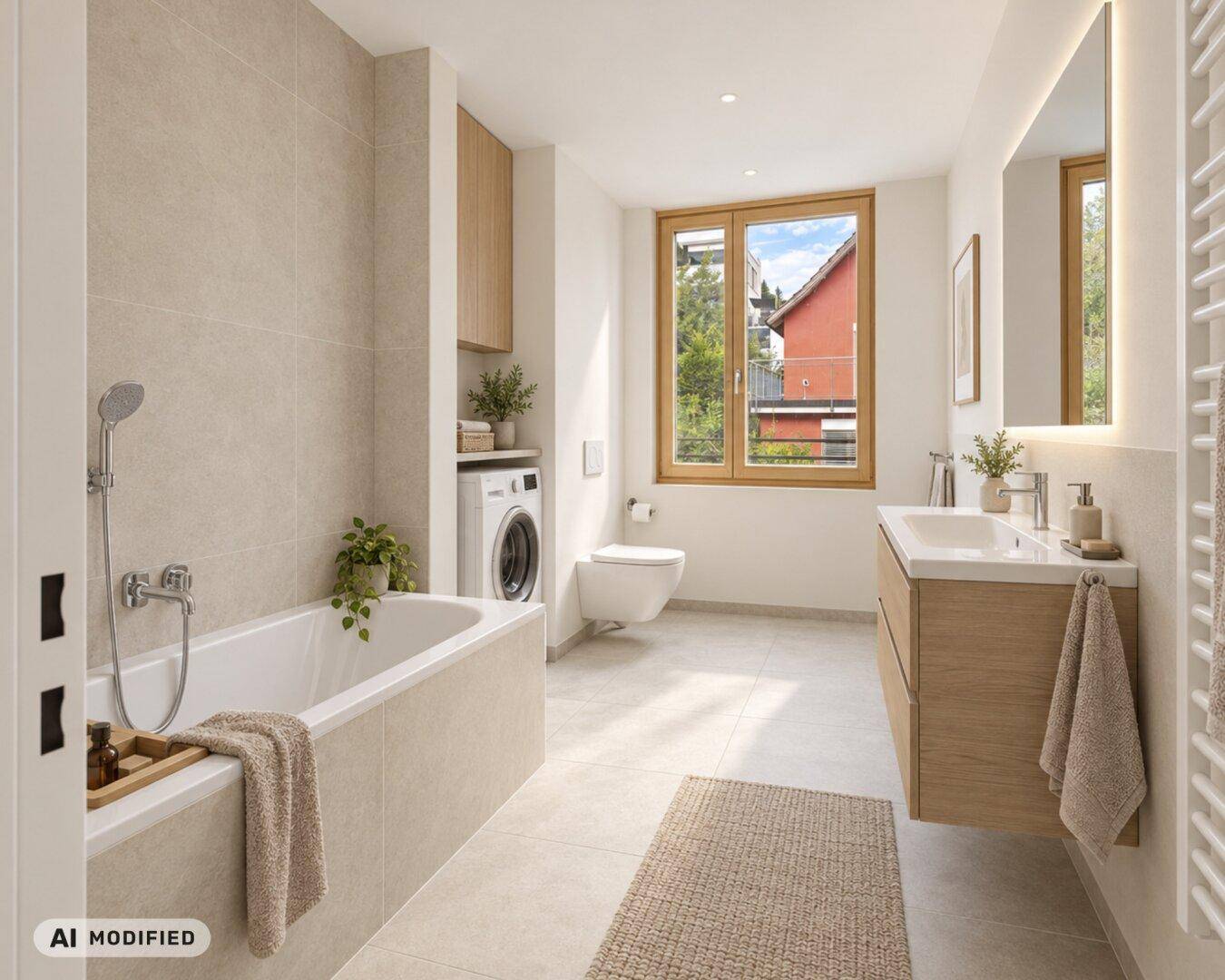 Modernes Badezimmer mit Badewanne, Waschbecken, WC und Waschmaschine, hell durch ein großes Fenster.