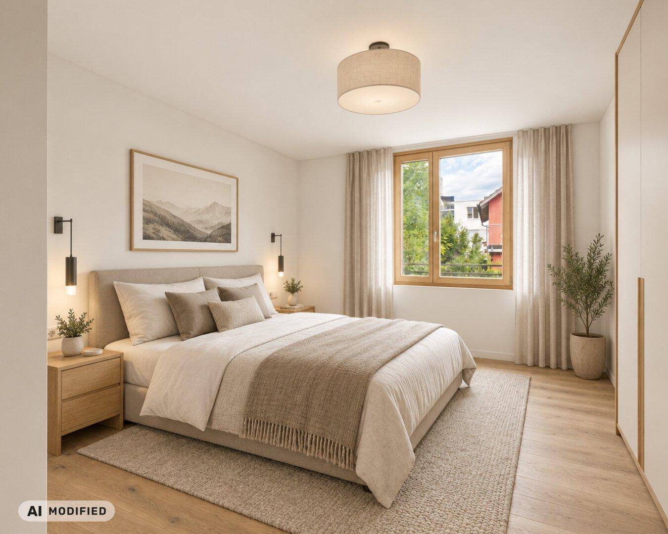Helles Schlafzimmer mit Doppelbett, Nachttischen und einem Fenster, das viel Tageslicht hereinlässt.