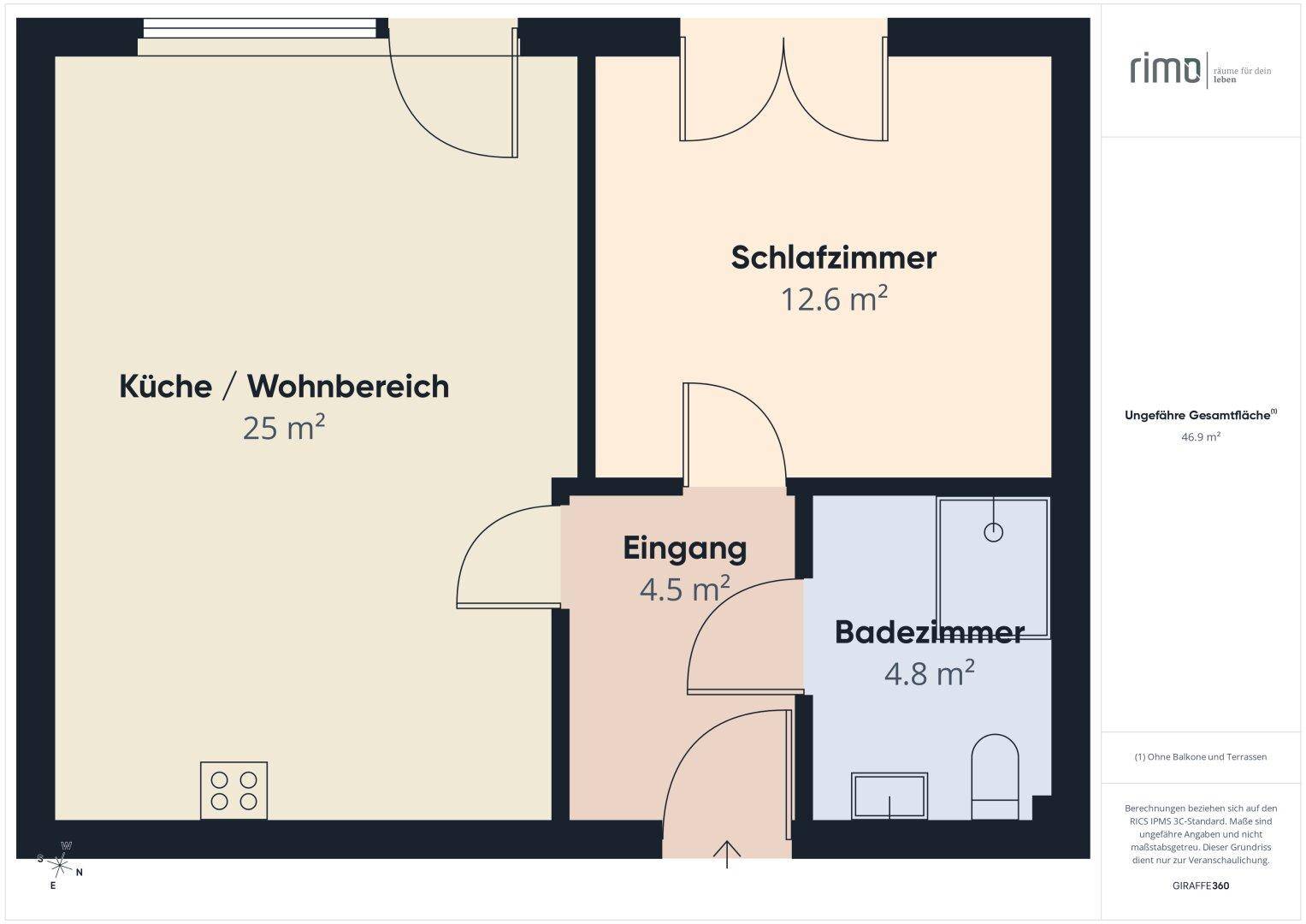 Grundriss einer Wohnung mit 2 Zimmern, offener Küche und Bad auf 46.9 m².