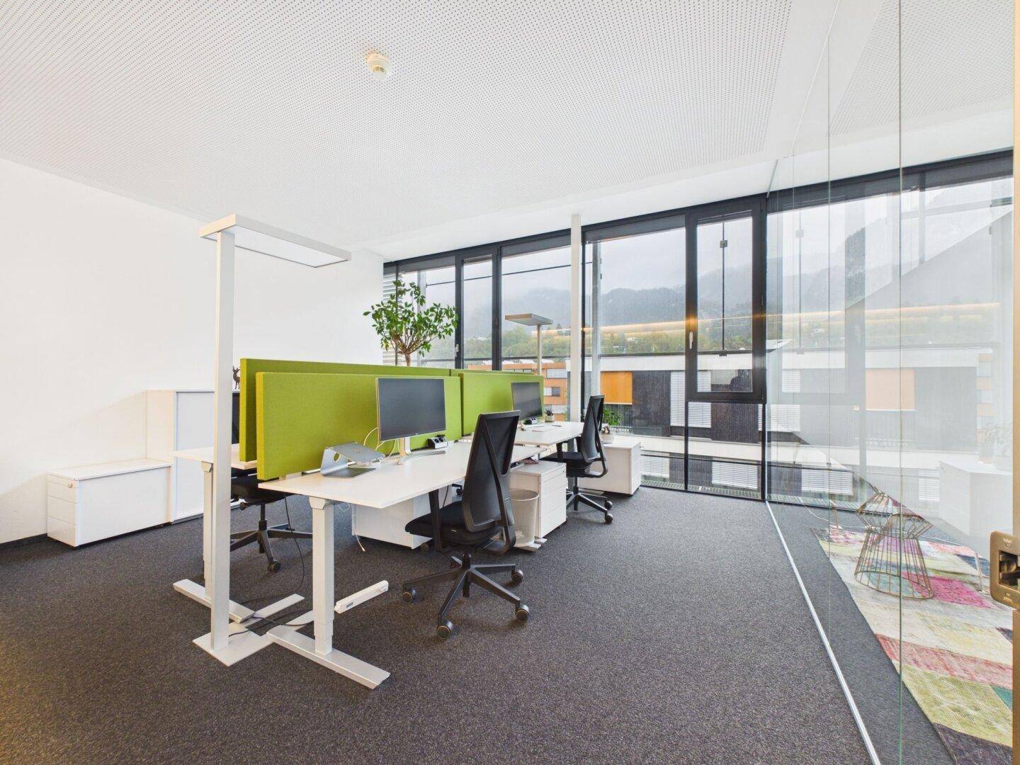 Heller Büroraum mit mehreren Arbeitsplätzen, großen Fenstern und Teppichboden.