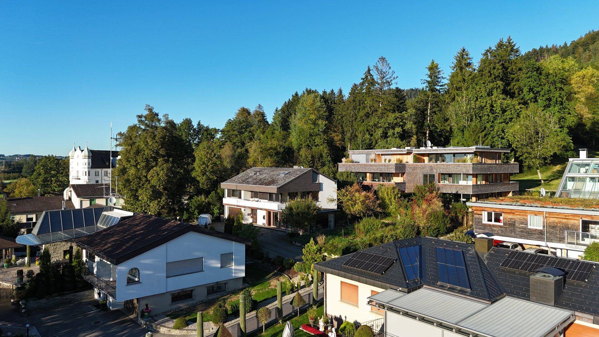 Wohnsiedlung am Hang mit verschiedenen Häusern und dichtem Wald im Hintergrund.