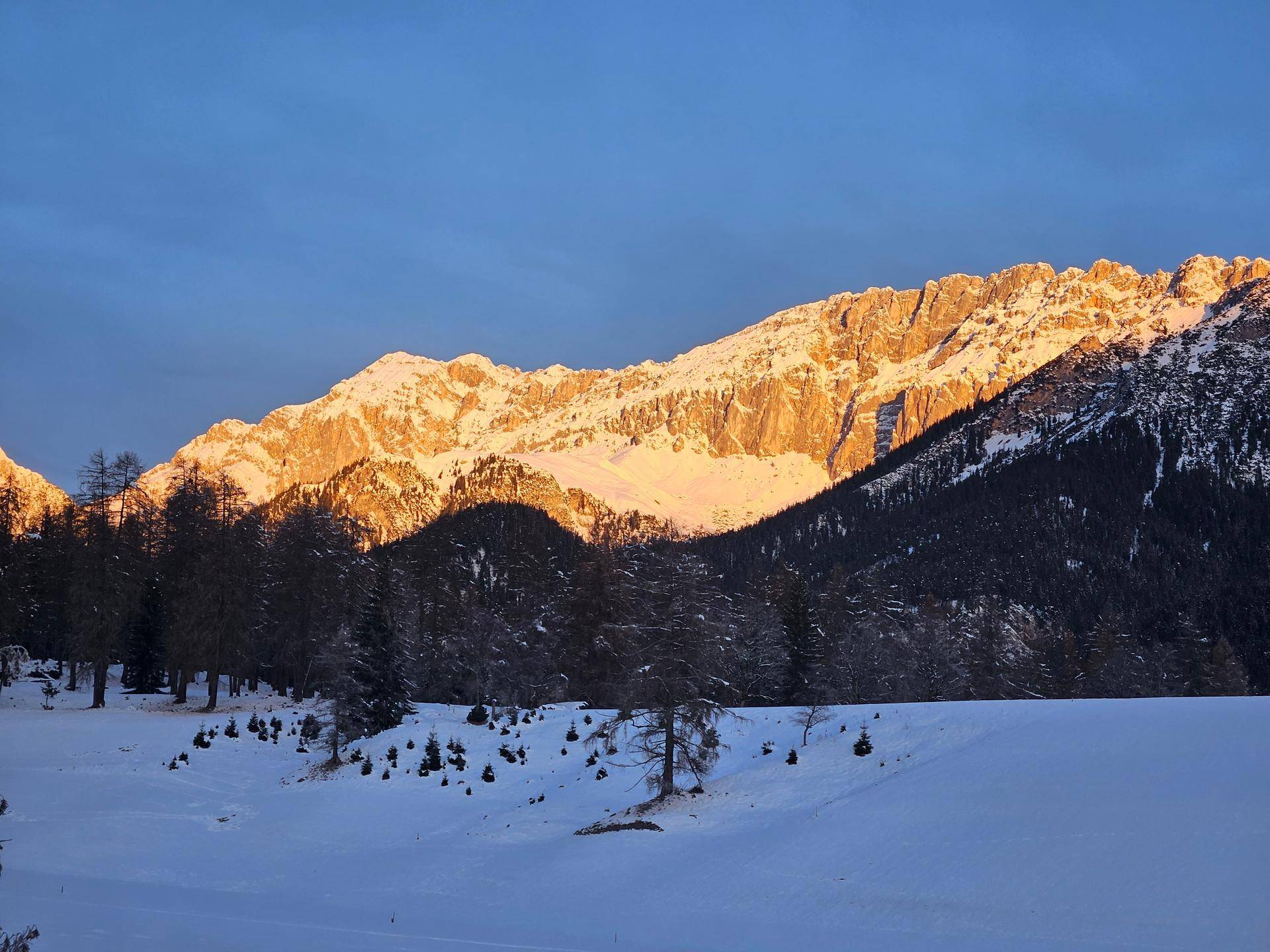 Majestätische schneebedeckte Berge werden von der goldenen Abendsonne beleuchtet, umgeben von Wäldern.