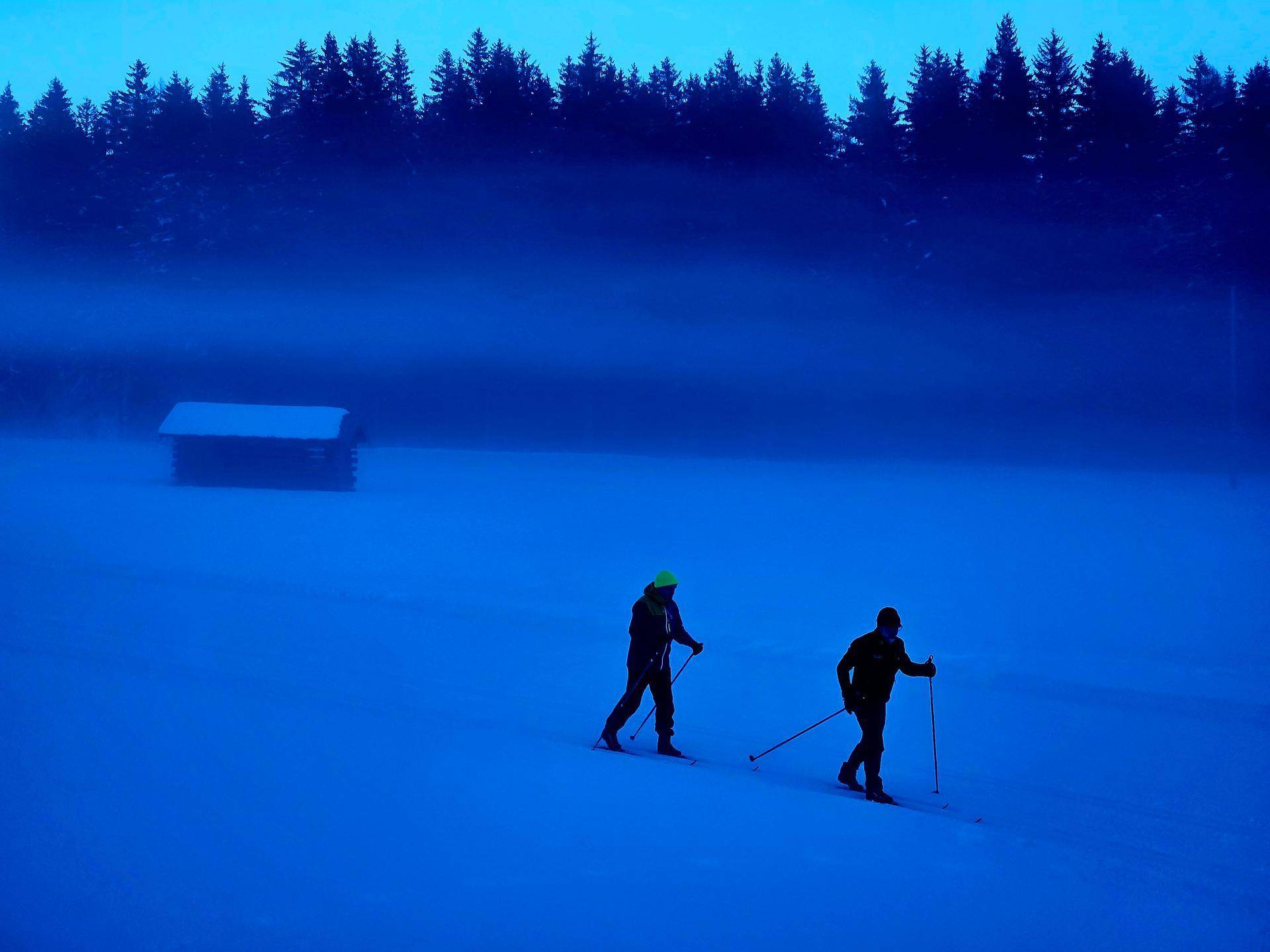 Zwei Langläufer in einer nebligen, schneebedeckten Landschaft bei Dämmerung mit Wald im Hintergrund.