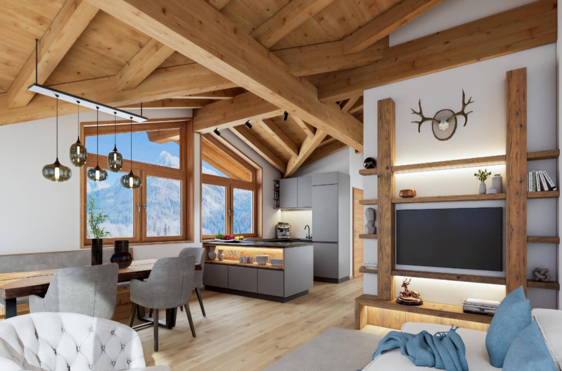 Modernes Wohnzimmer mit offener Küche, Holzbalken und Bergblick durch große Fenster.