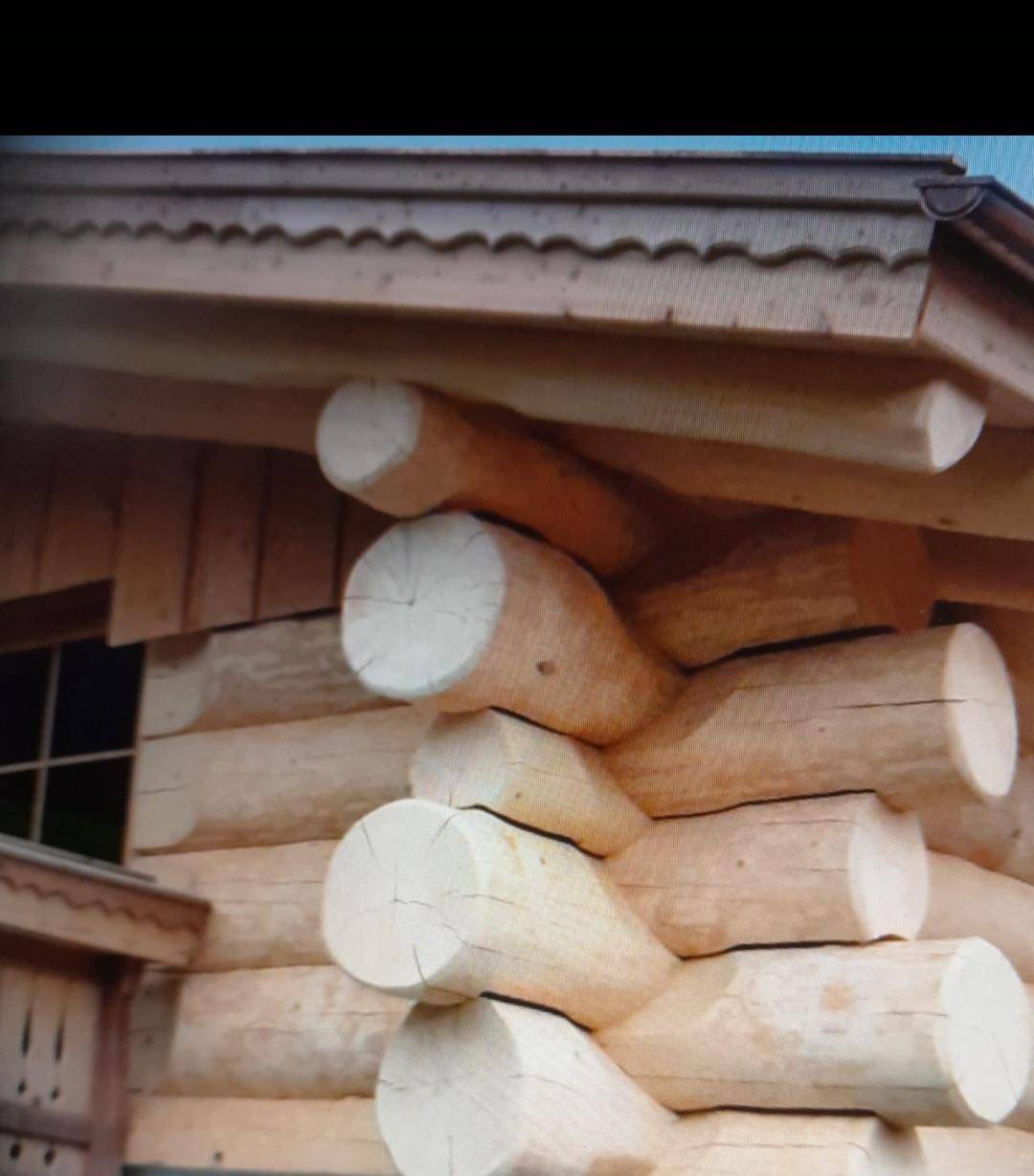 Nahaufnahme der Blockhausfassade mit sichtbaren, massiven Holzstämmen und traditioneller Bauweise.