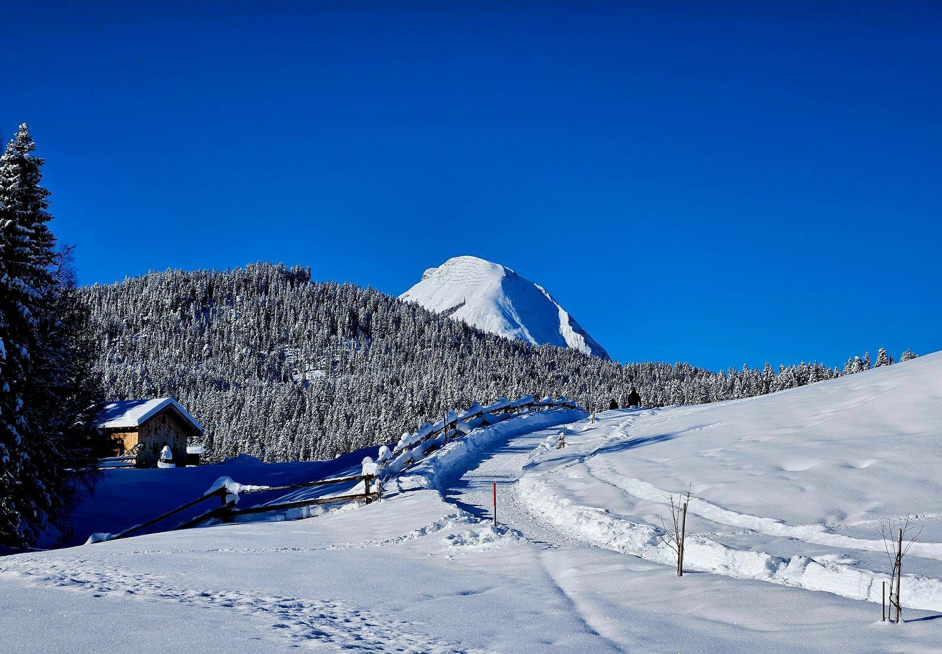 Idyllischer Winterweg mit einer kleinen Holzhütte und schneebedeckten Bergen im Hintergrund.