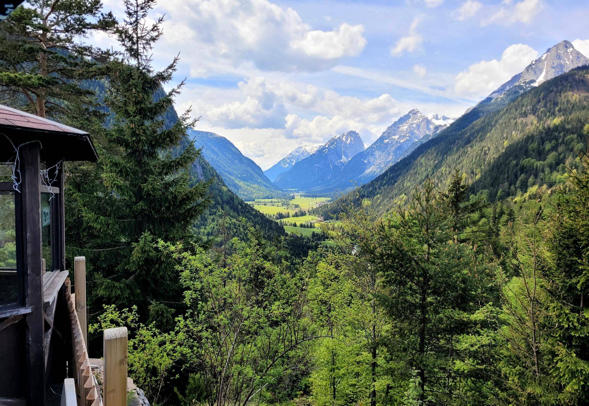 Malerischer Blick auf ein grünes Tal und schneebedeckte Berge unter bewölktem Himmel.