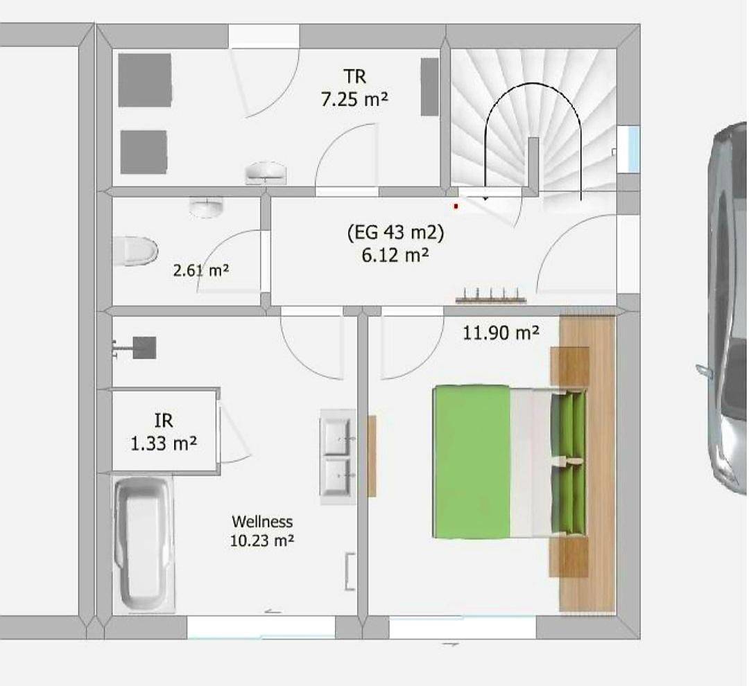 Grundriss des Erdgeschosses mit Wellnessbereich, Badezimmer und Schlafzimmer.