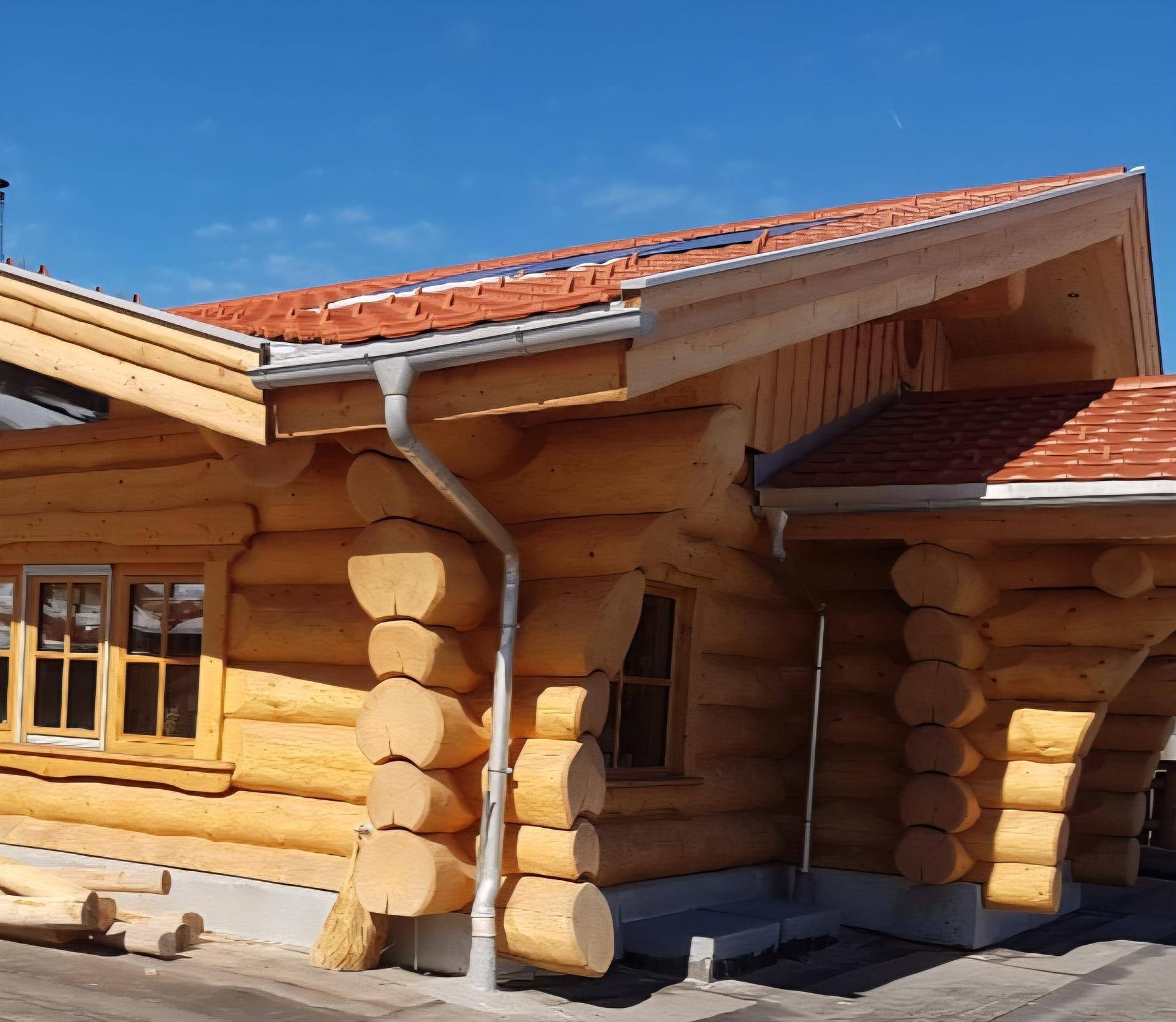 Seitenansicht des Blockhauses mit Holzwänden, Ziegeldach und Regenrinne unter blauem Himmel.
