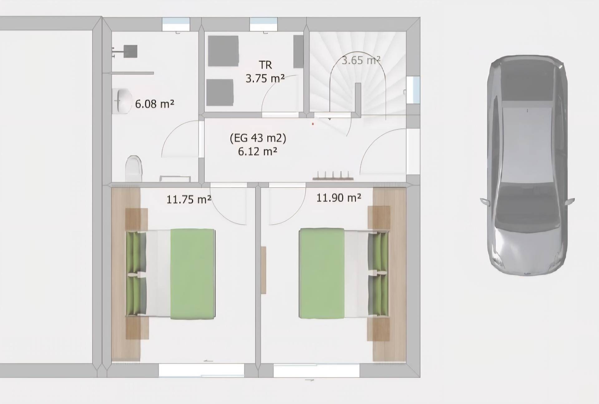 Grundriss des Erdgeschosses mit zwei Schlafzimmern und Badezimmer, inklusive Parkplatz.