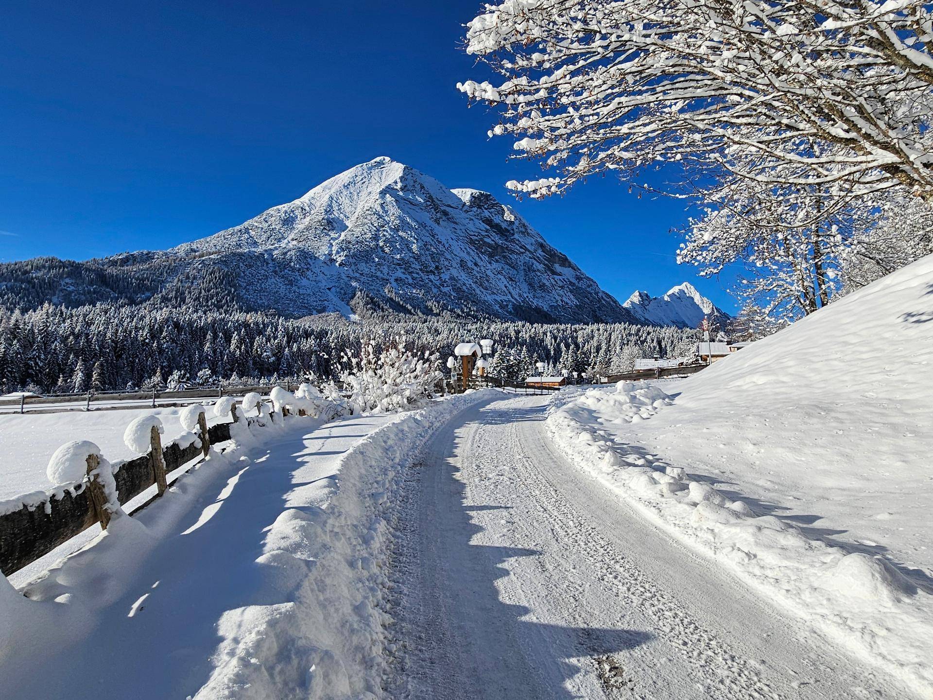 Eine verschneite Straße schlängelt sich durch eine Winterlandschaft mit einem majestätischen, schneebedeckten Berg im Hintergrund.