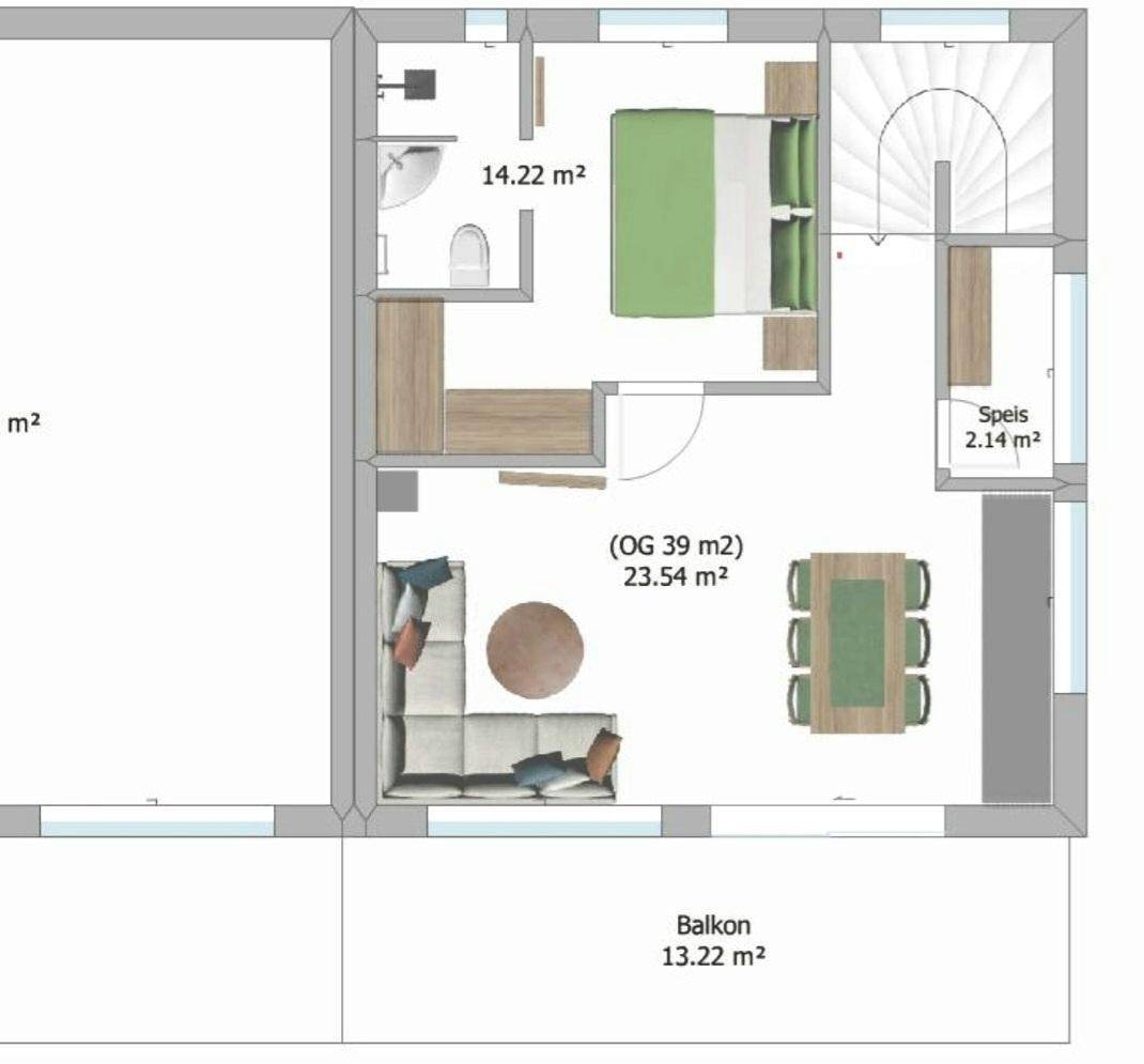 Grundriss des Obergeschosses mit Schlafzimmer, Bad, offenem Wohnbereich und Balkon.